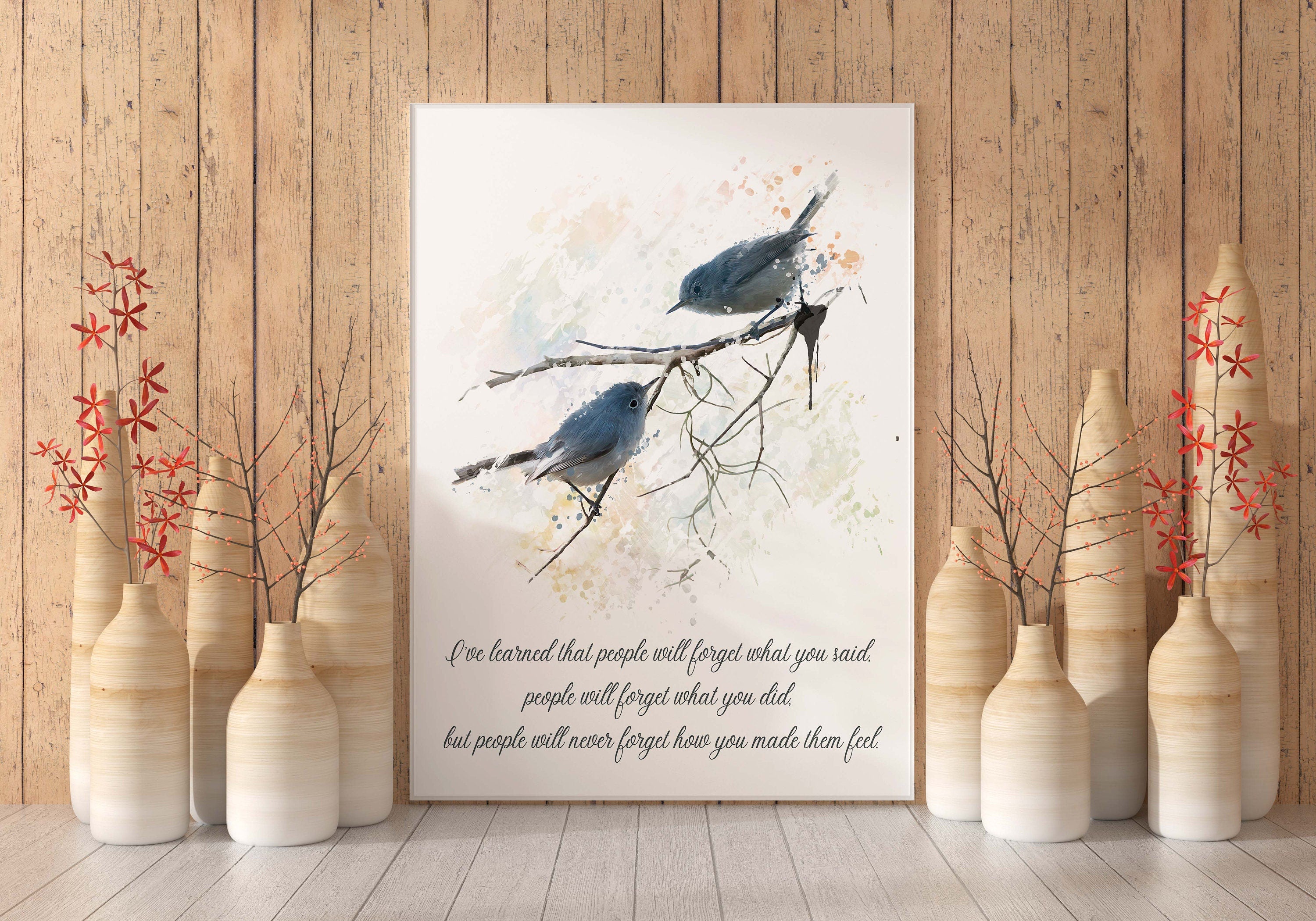 Inspirational Bird Quote Wall Art Maya Angelou Feelings Print Watercolor Bluebirds Gift for Teacher Empathy Print Black White Decor