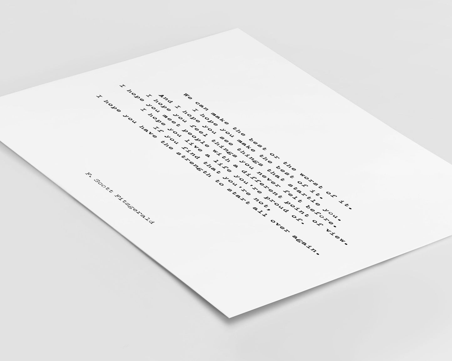 F Scott Fitzgerald Quote Print Inspirational I Hope You Make The Best Of It Literary Wall Art Black / White Typewriter Style Graduation Gift