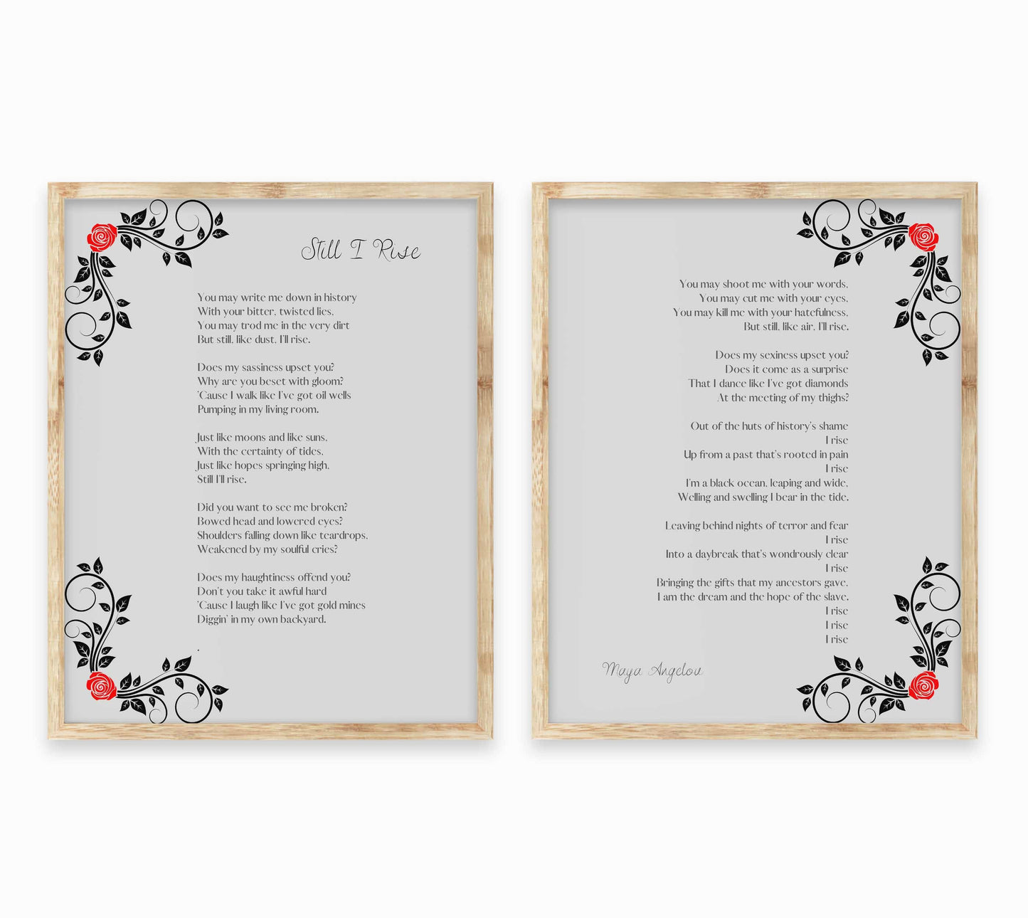 Maya Angelou Poem Print Set – “Still I Rise” Full Poem Wall Art (Set of 2) with Floral Design
