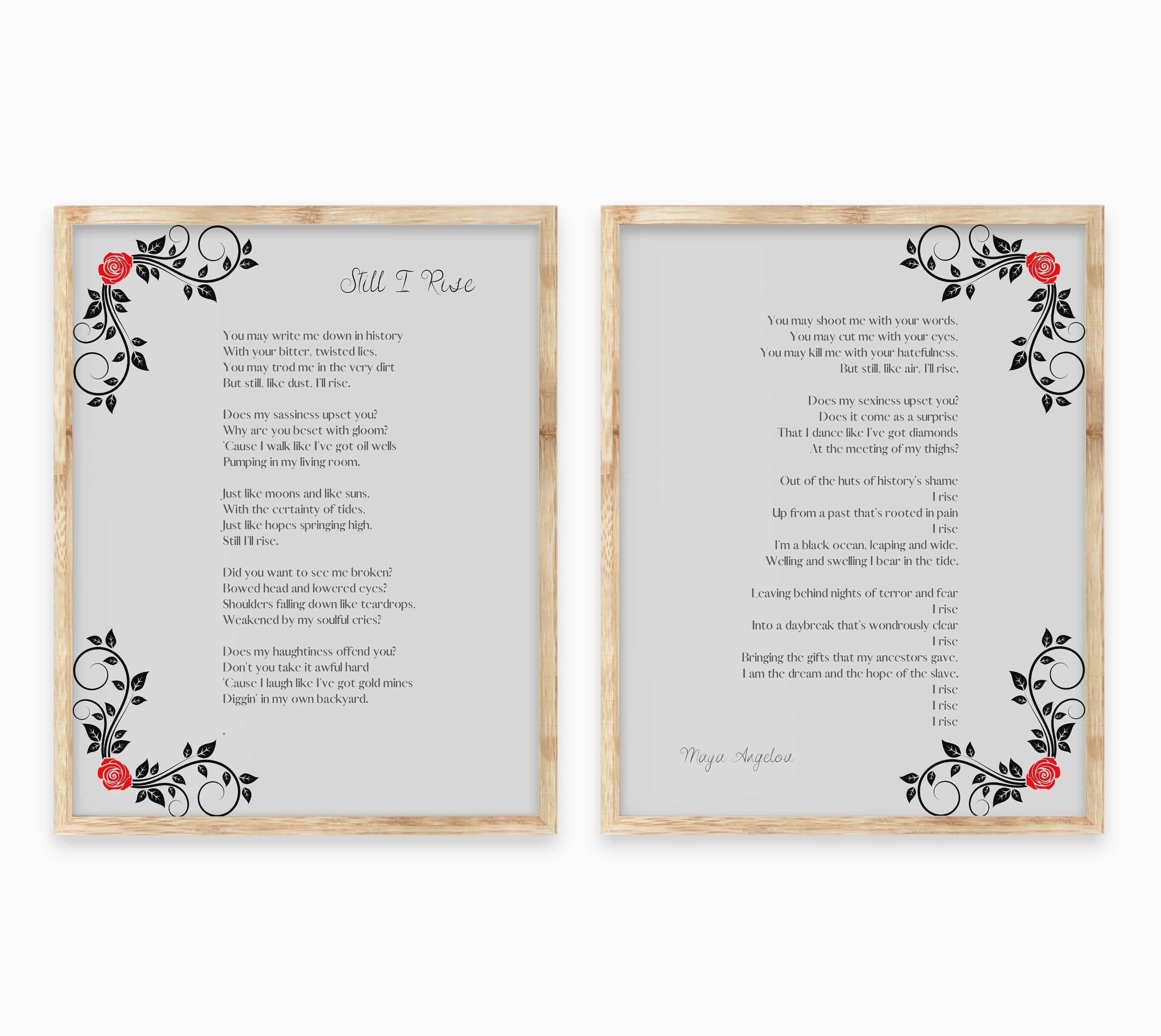 Maya Angelou Poem Print Set – “Still I Rise” Full Poem Wall Art (Set of 2) with Floral Design