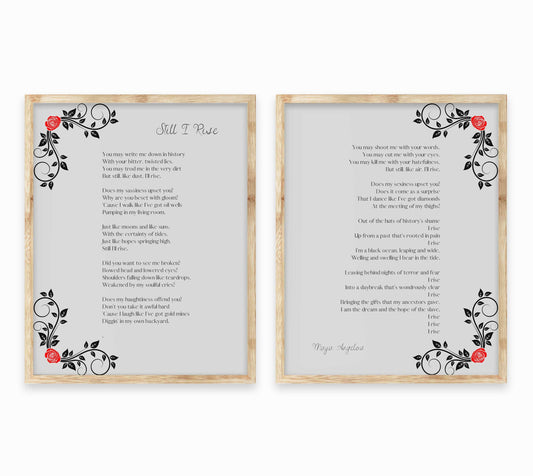 Maya Angelou Poem Print Set – “Still I Rise” Full Poem Wall Art (Set of 2) with Floral Design