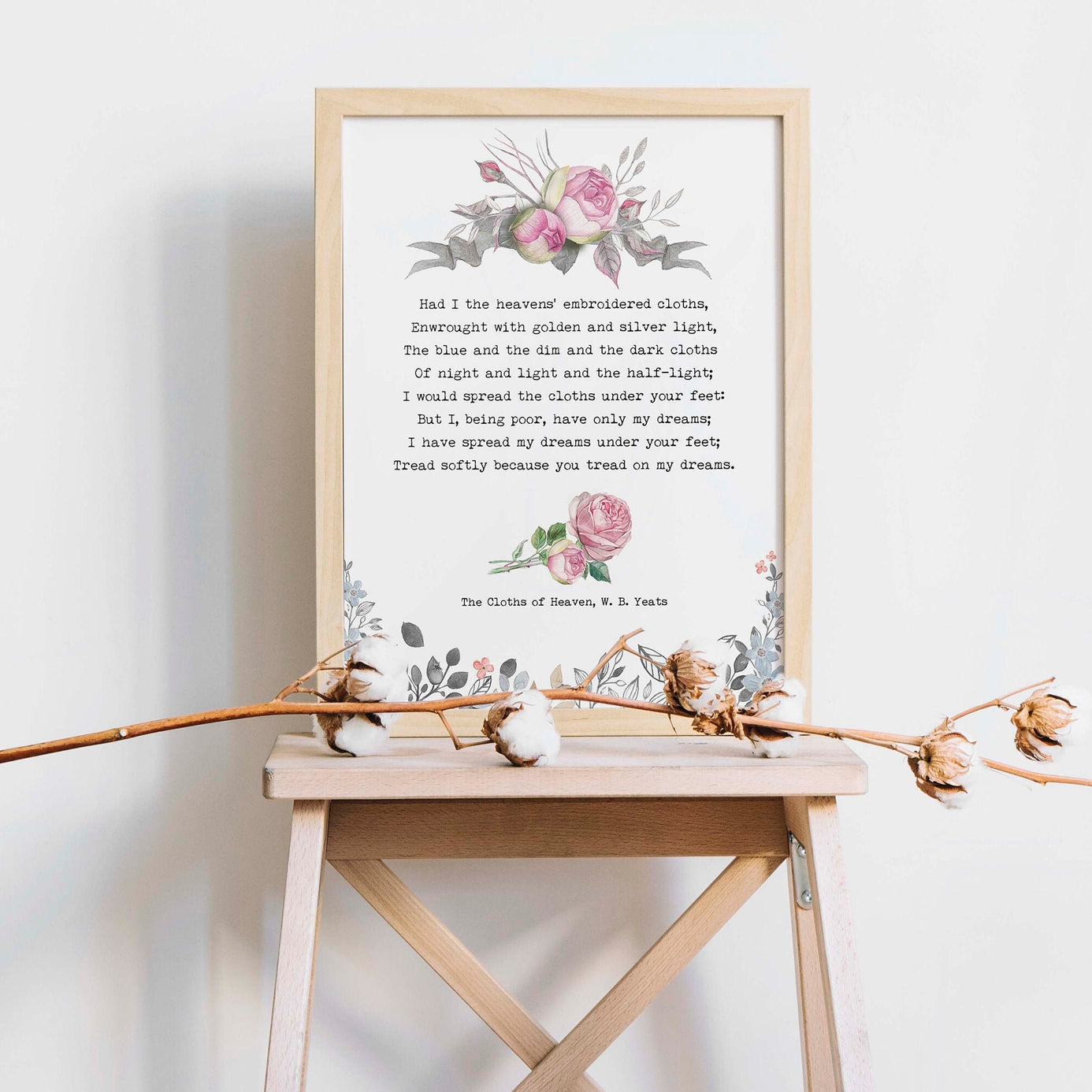 Romantic Poem Art - W B Yeats Cloths of Heaven Poetry Wall Decor Framed & Unframed