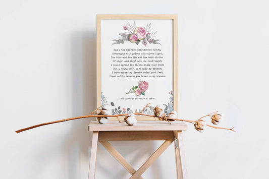 Romantic Poem Art - W B Yeats Cloths of Heaven Poetry Wall Decor Framed & Unframed