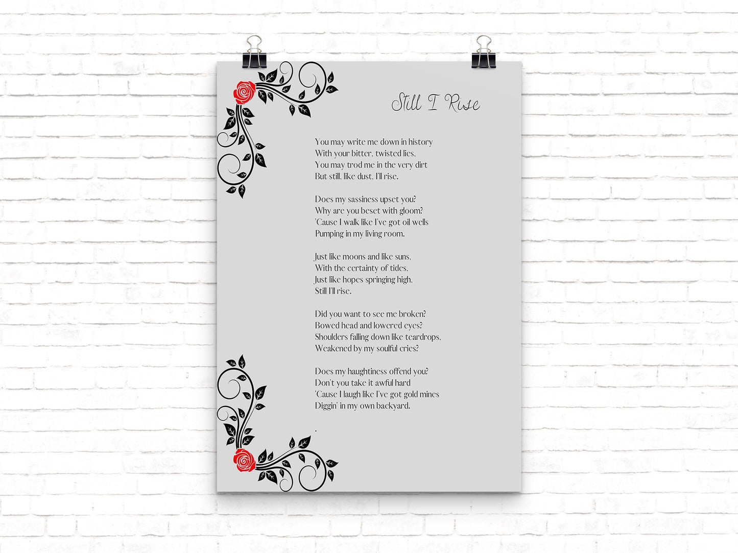 Maya Angelou Poem Print Set – “Still I Rise” Full Poem Wall Art (Set of 2) with Floral Design