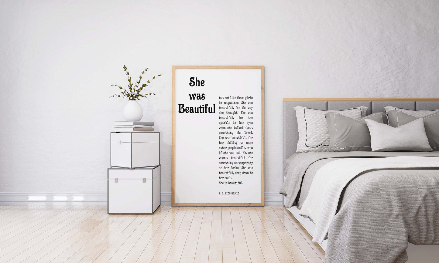 She Was Beautiful Literary Quote Art, F Scott Fitzgerald Unframed & Framed Wall Decor