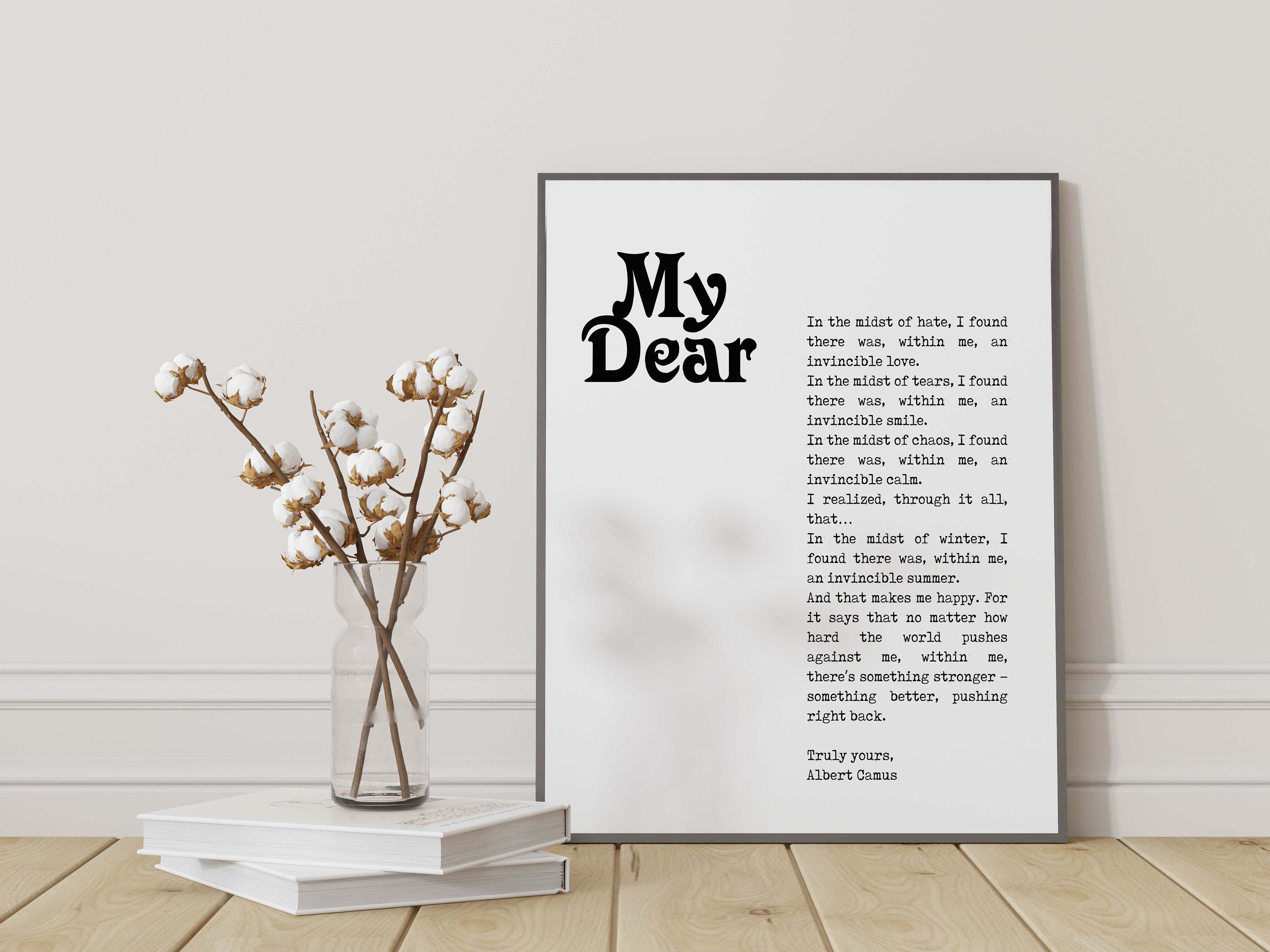 Albert Camus Invincible Summer Black & White Art, Inspirational Artwork