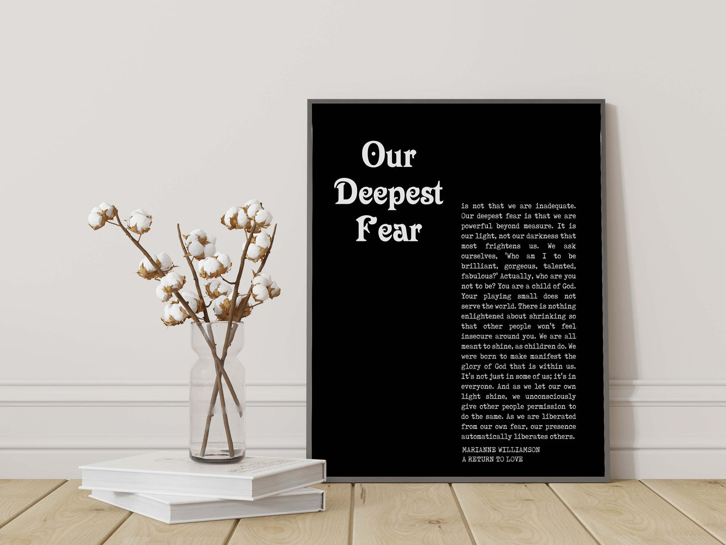 Our Deepest Fear Quote Print, Marianne Williamson Unframed Wall Art Prints in Black & White Inspirational Gifts