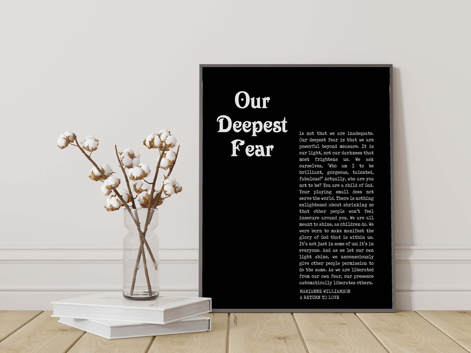 Our Deepest Fear Quote Print, Marianne Williamson Unframed Wall Art Prints in Black & White Inspirational Gifts