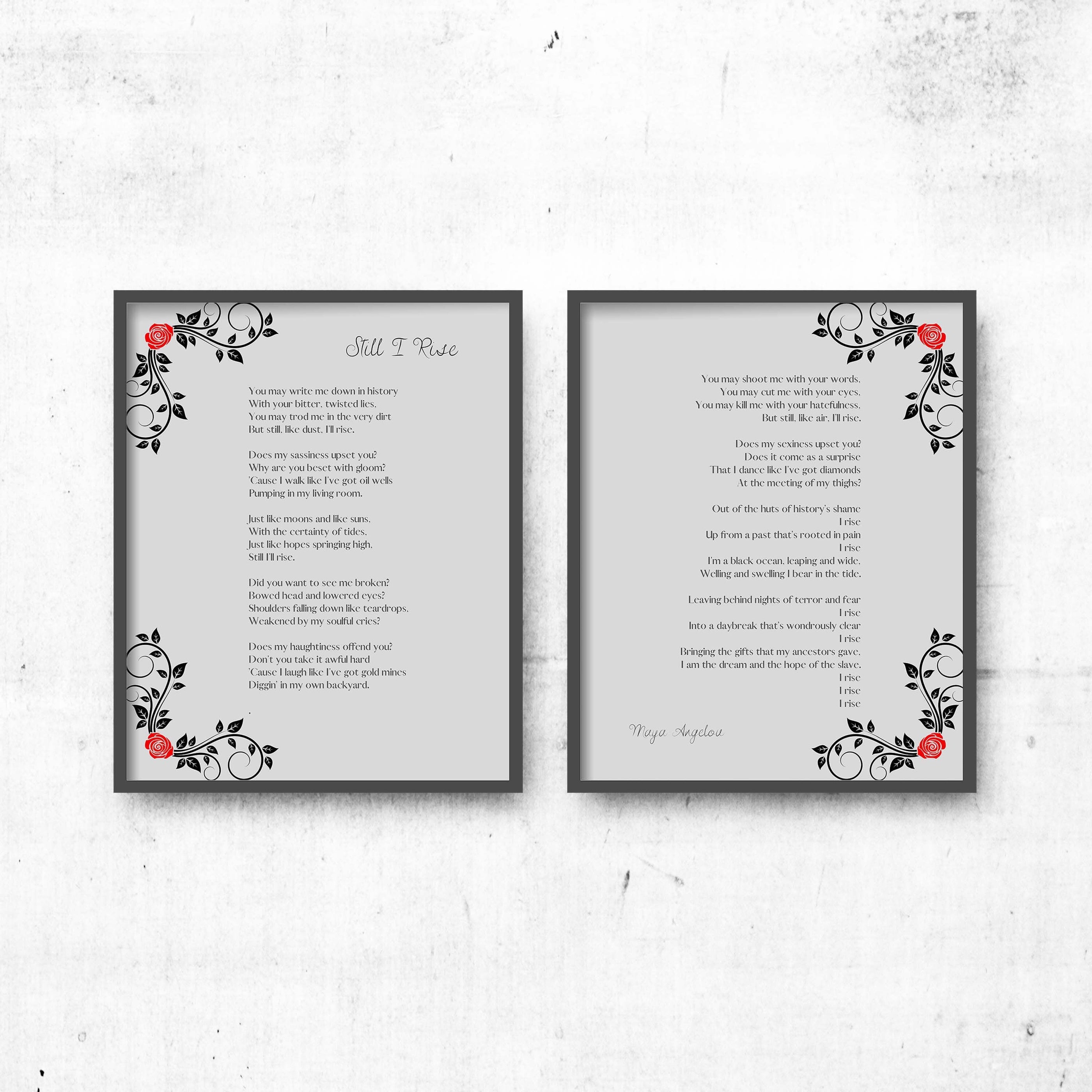 Maya Angelou Poem Print Set – “Still I Rise” Full Poem Wall Art (Set of 2) with Floral Design