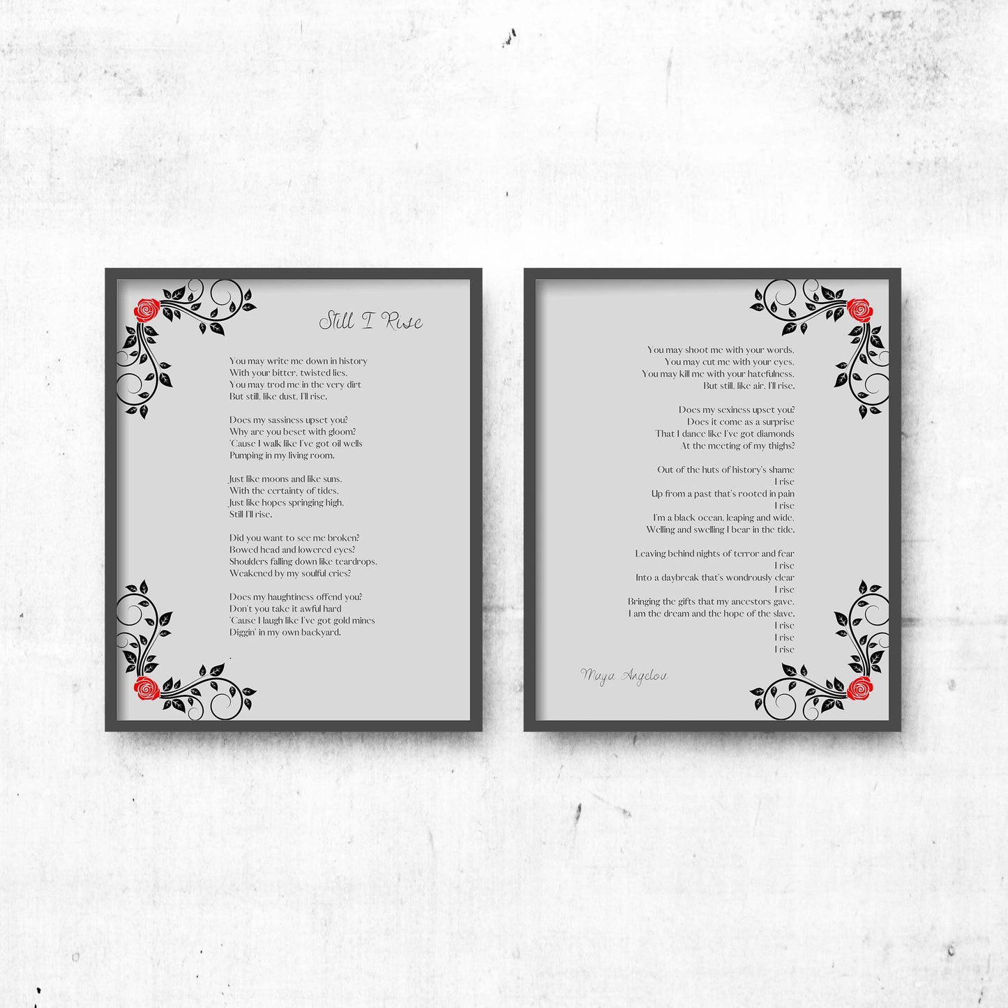 Maya Angelou Poem Print Set – “Still I Rise” Full Poem Wall Art (Set of 2) with Floral Design