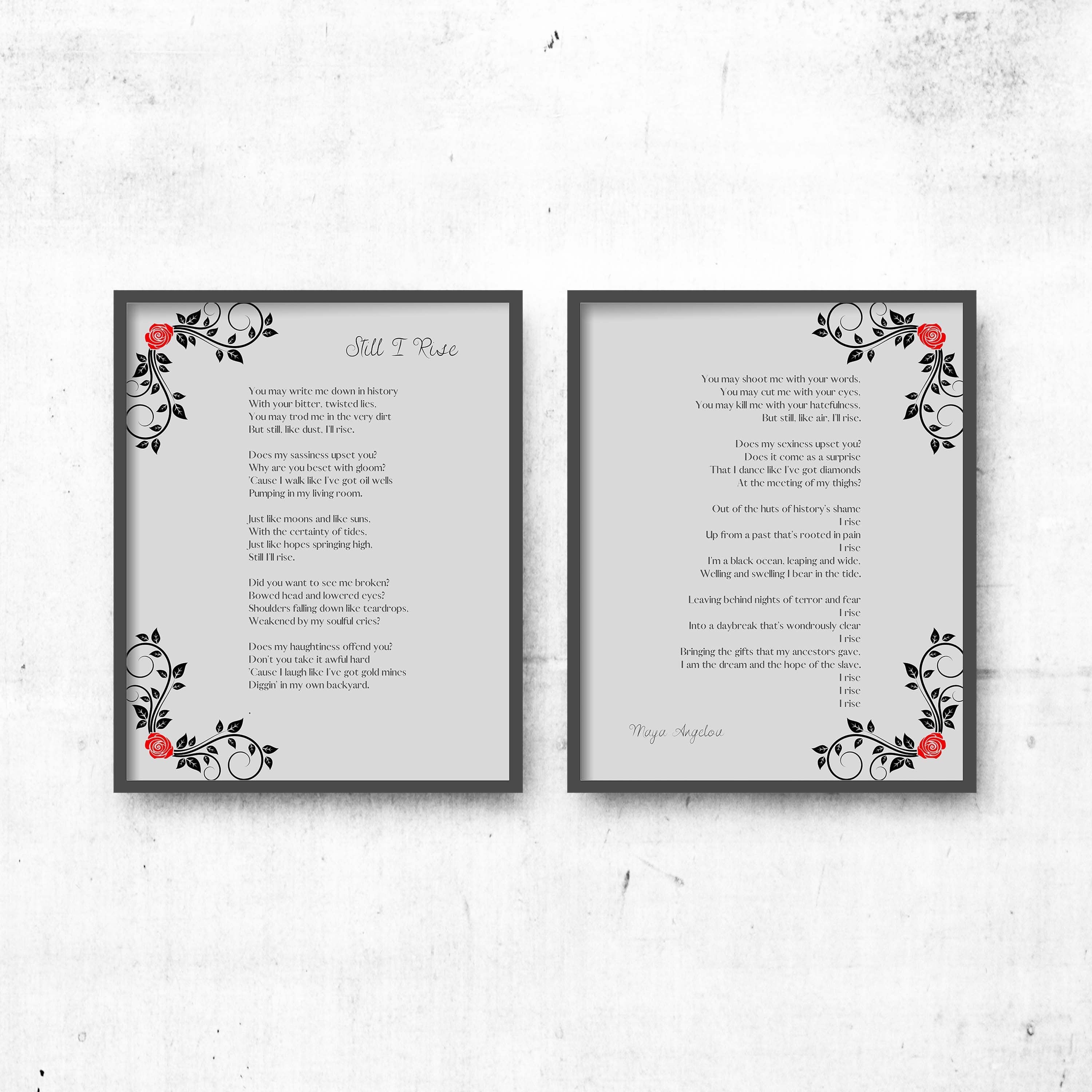 Maya Angelou Poem Print Set – “Still I Rise” Full Poem Wall Art (Set of 2) with Floral Design