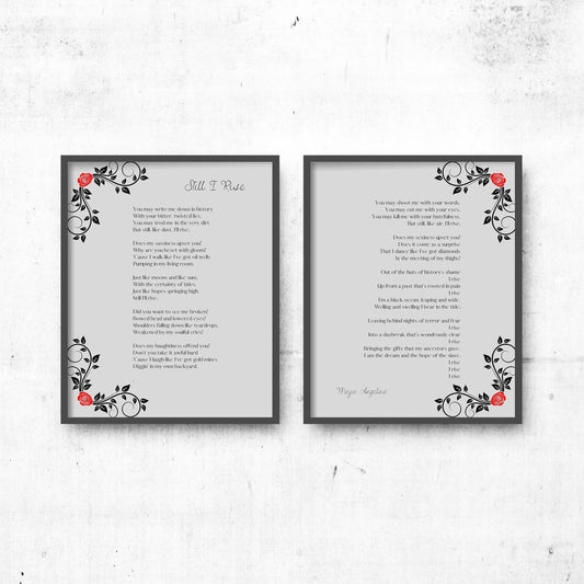 Maya Angelou Poem Print Set – “Still I Rise” Full Poem Wall Art (Set of 2) with Floral Design