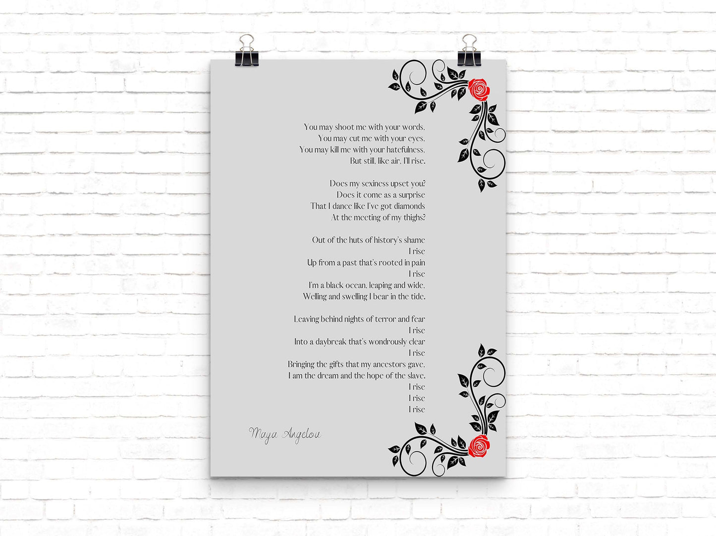 Maya Angelou Poem Print Set – “Still I Rise” Full Poem Wall Art (Set of 2) with Floral Design