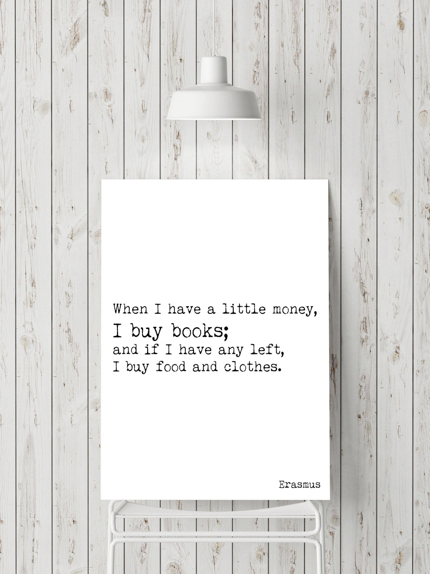 Erasmus Book Lover Quote Print I Buy Books Before Food Literary Wall Art Black White Background Typewriter Font Gift For Readers Or Writers