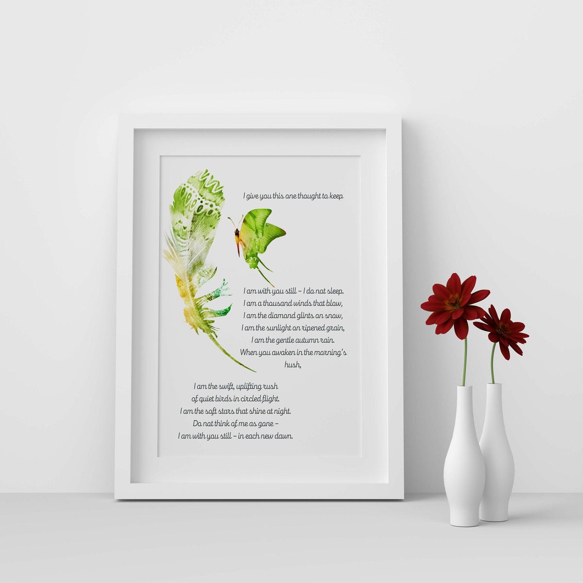 Memorial Poem Print – “I Am With You Still” Butterfly & Feather Wall Art