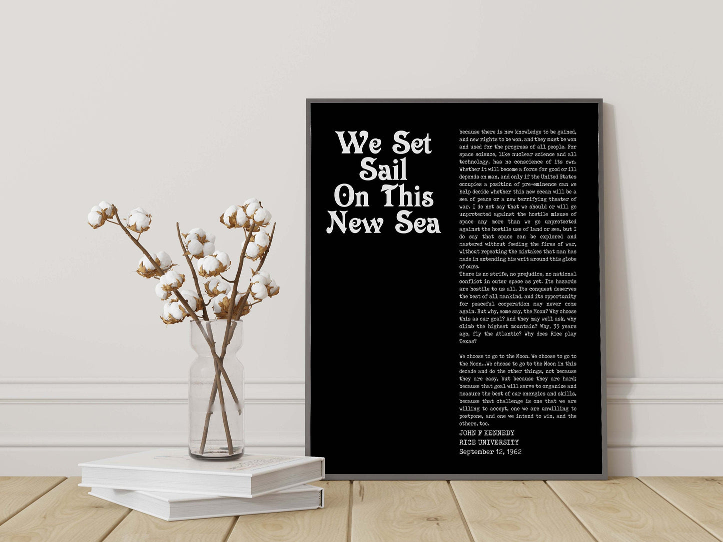 John F. Kennedy quote print, We choose to go to the moon inspirational art, unframed minimalist black & white wall decor