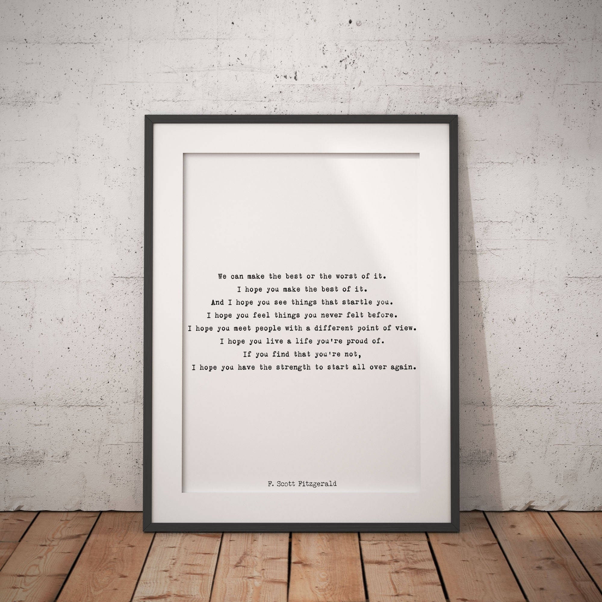 F Scott Fitzgerald Literary Quote Print • Start Over Again Inspirational Poster • Black and White Typewriter Style Wall Art Gift