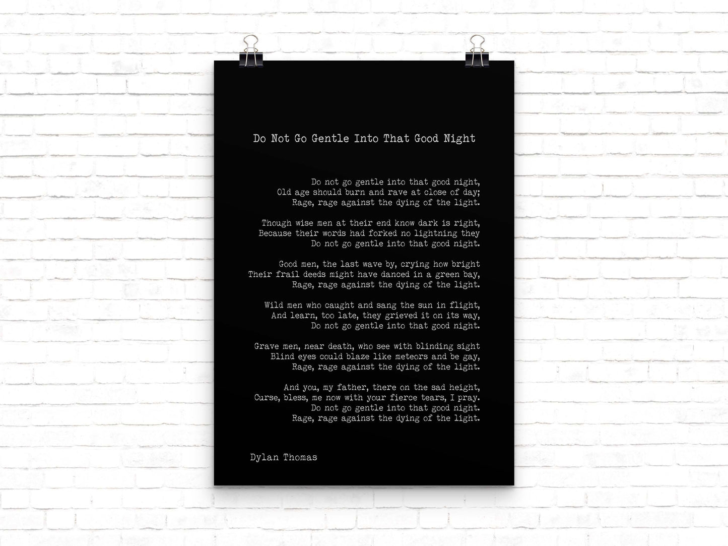 Dylan Thomas Poem Print, Do Not Go Gentle Into That Good Night Poetry Poster In Black & White For Home Wall Decor