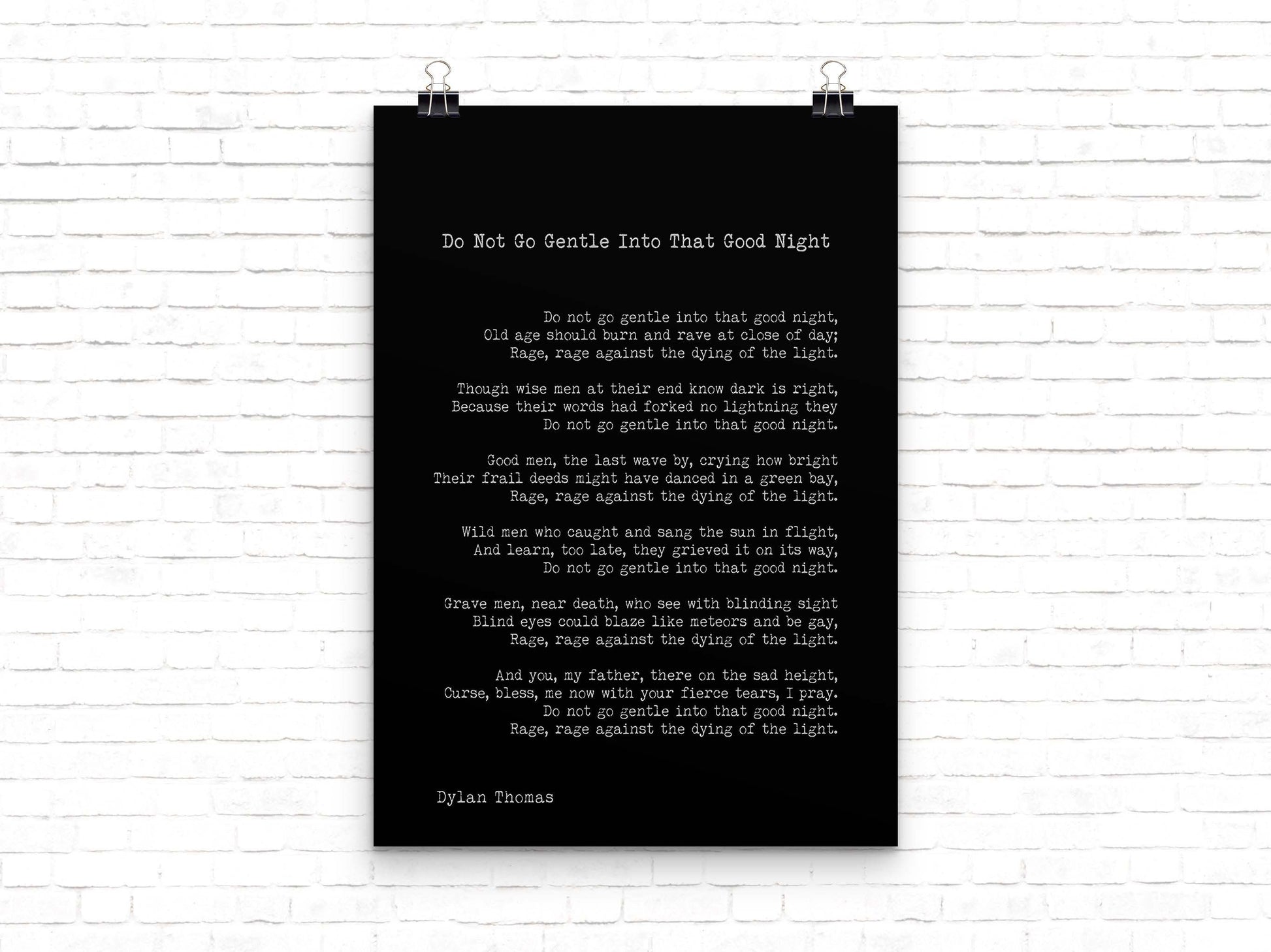 Dylan Thomas Poem Print, Do Not Go Gentle Into That Good Night Poetry Poster In Black & White For Home Wall Decor