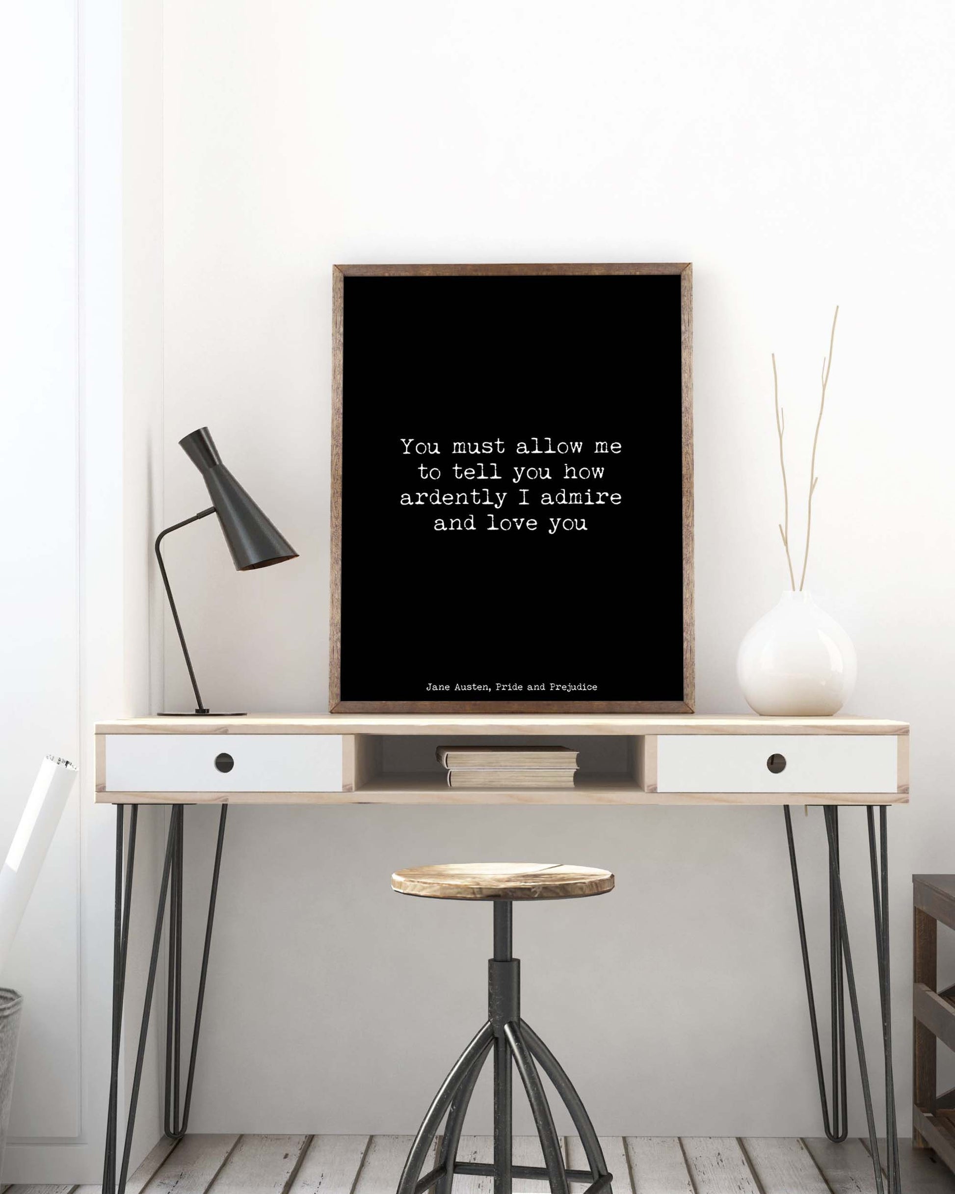 Jane Austen wall art, pride and prejudice art print, romantic quote, black & white literary poster gift, romantic wall print