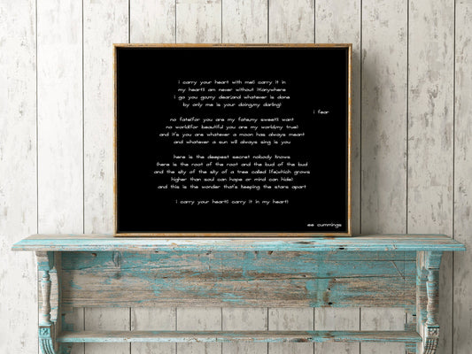 I carry your heart wall art, wedding poem print, poetry quote art, ee cummings art, ee cummings print art black and white art decor
