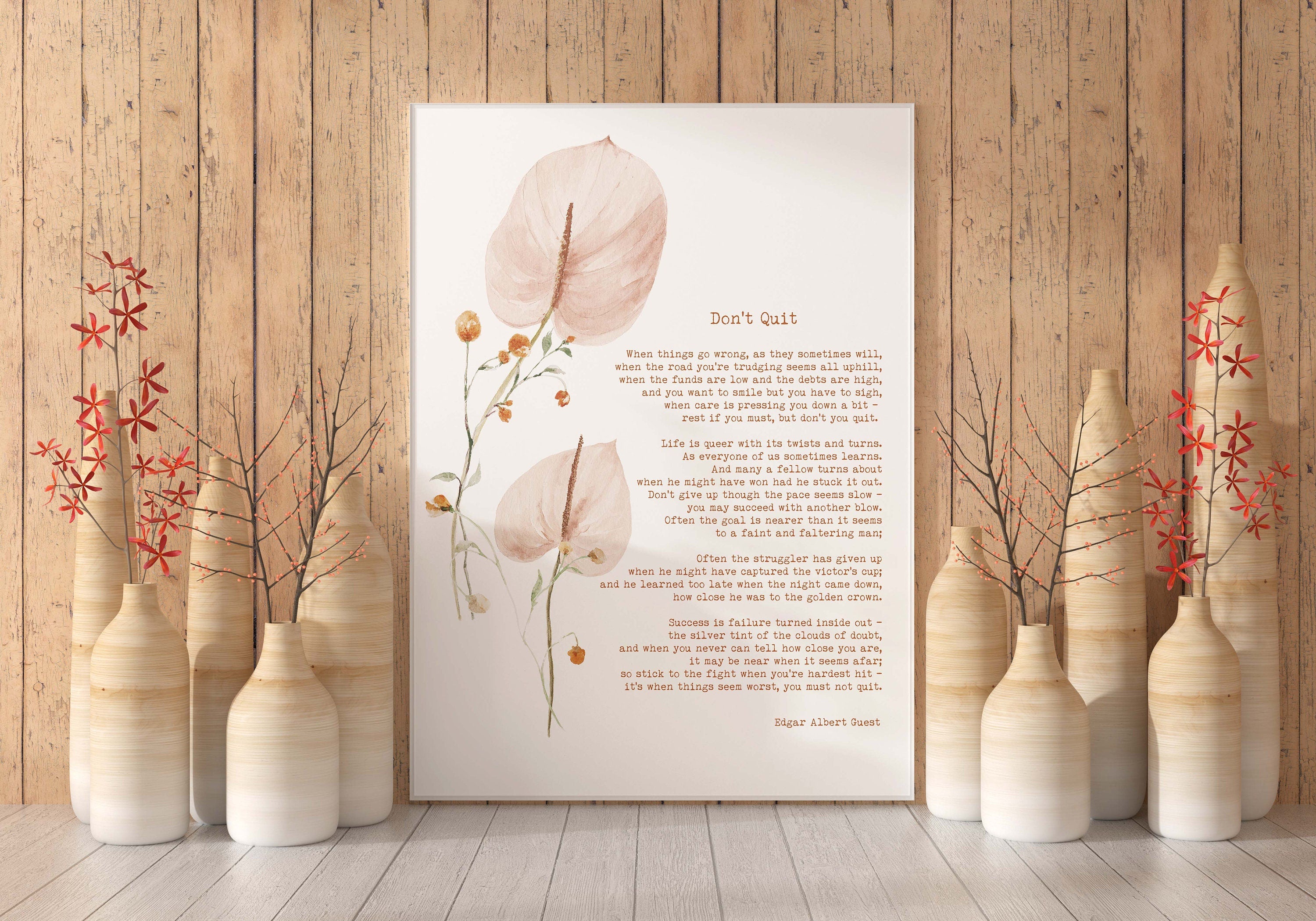 Edgar Albert Guest Don’t Quit Poem Print | Watercolour Floral Wall Art | Motivational Poetry Quote Poster in White, Black