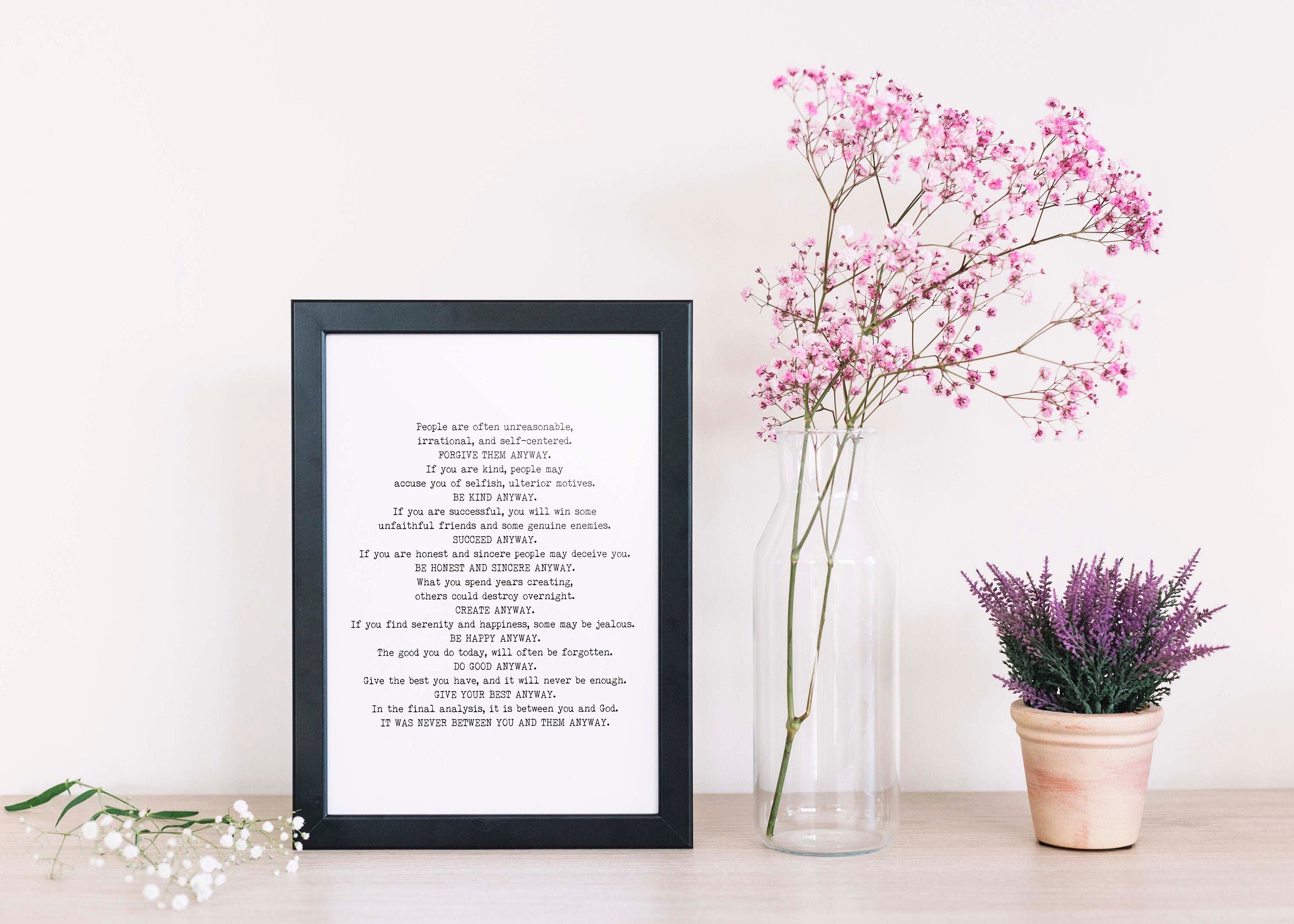 Mother Teresa Anyway Poem Art Print – Minimalist Black & White Wall Decor