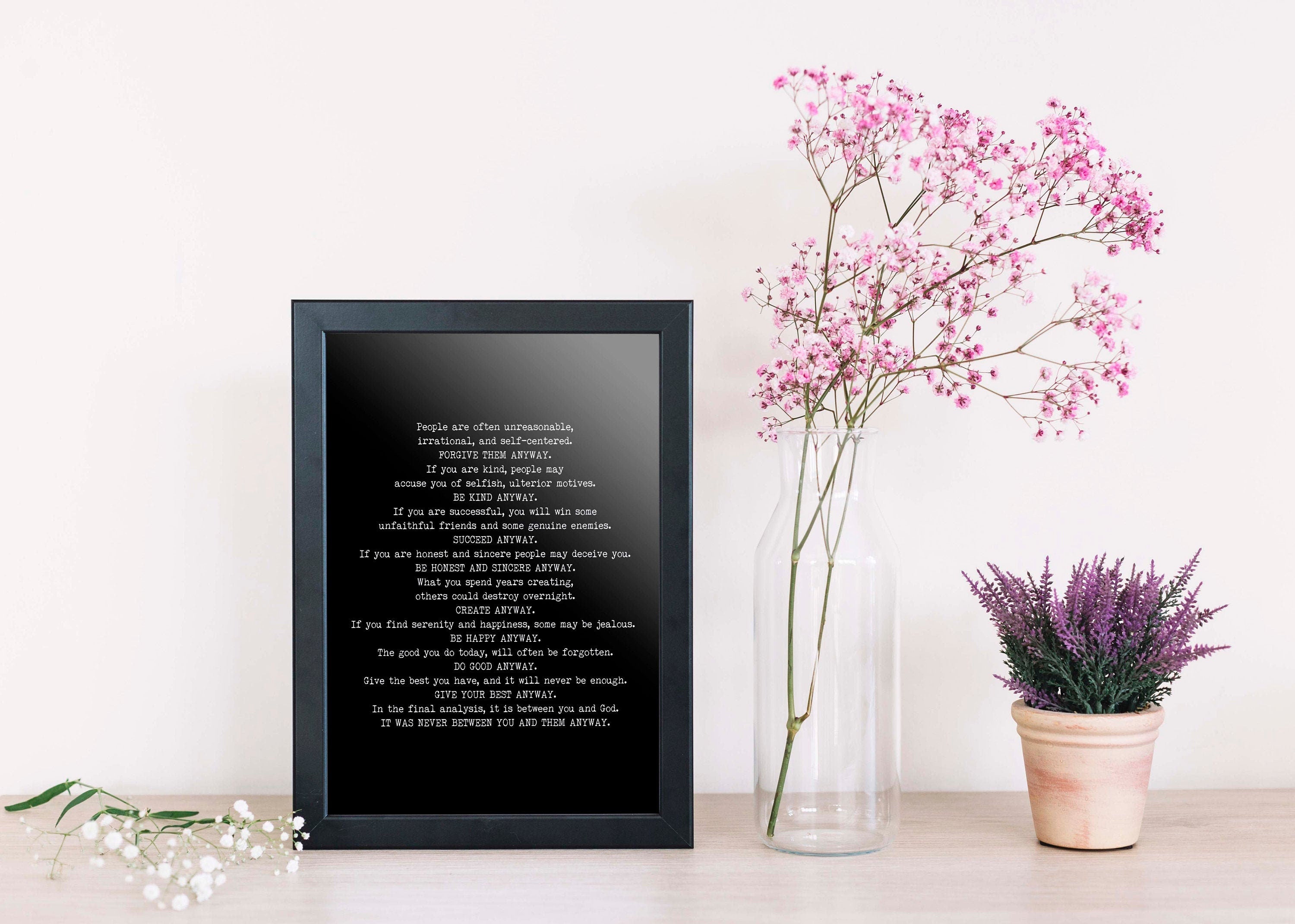 Mother Teresa Anyway Poem Art Print – Minimalist Black & White Wall Decor