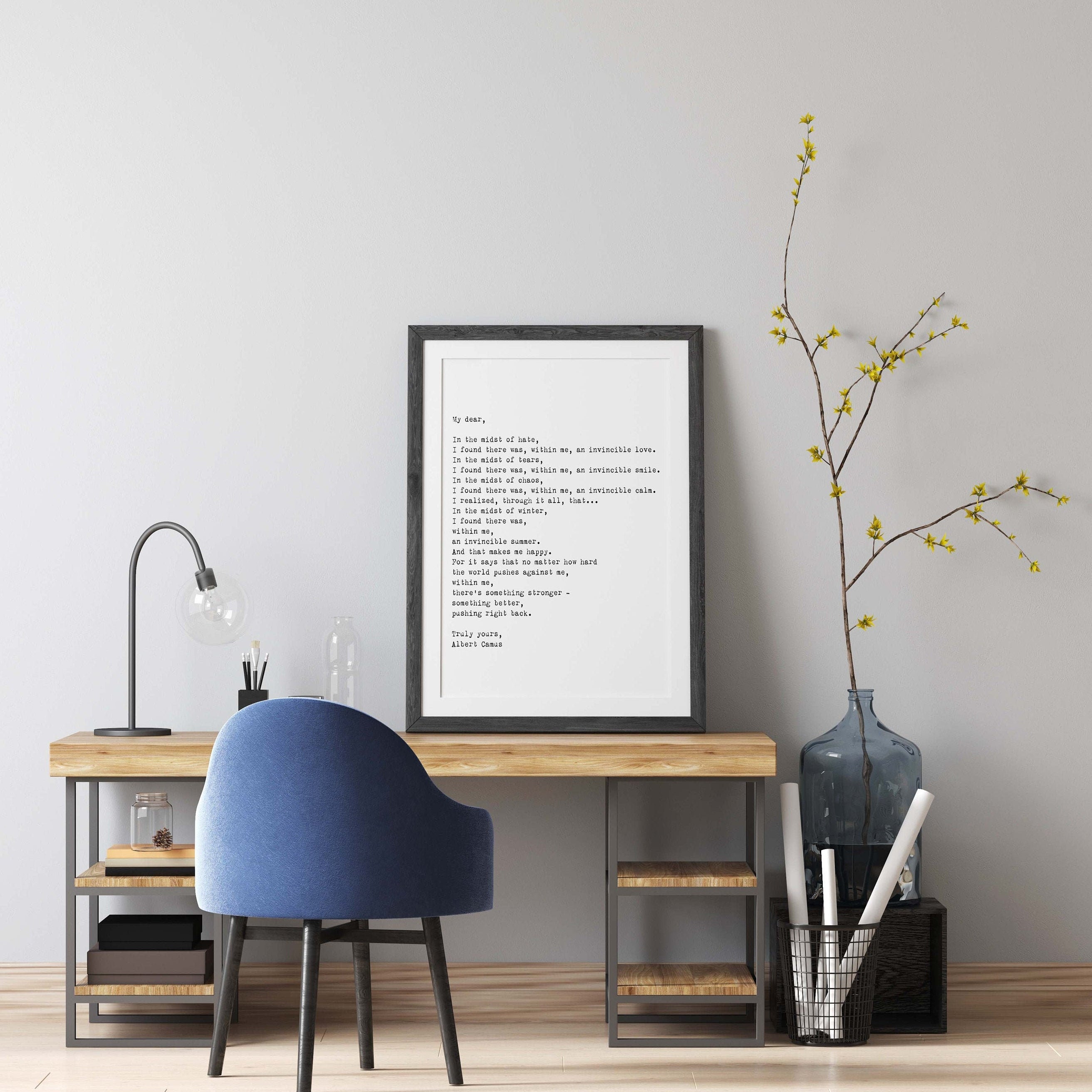 Albert Camus Invincible Summer Wall Art Print, Black & White Art