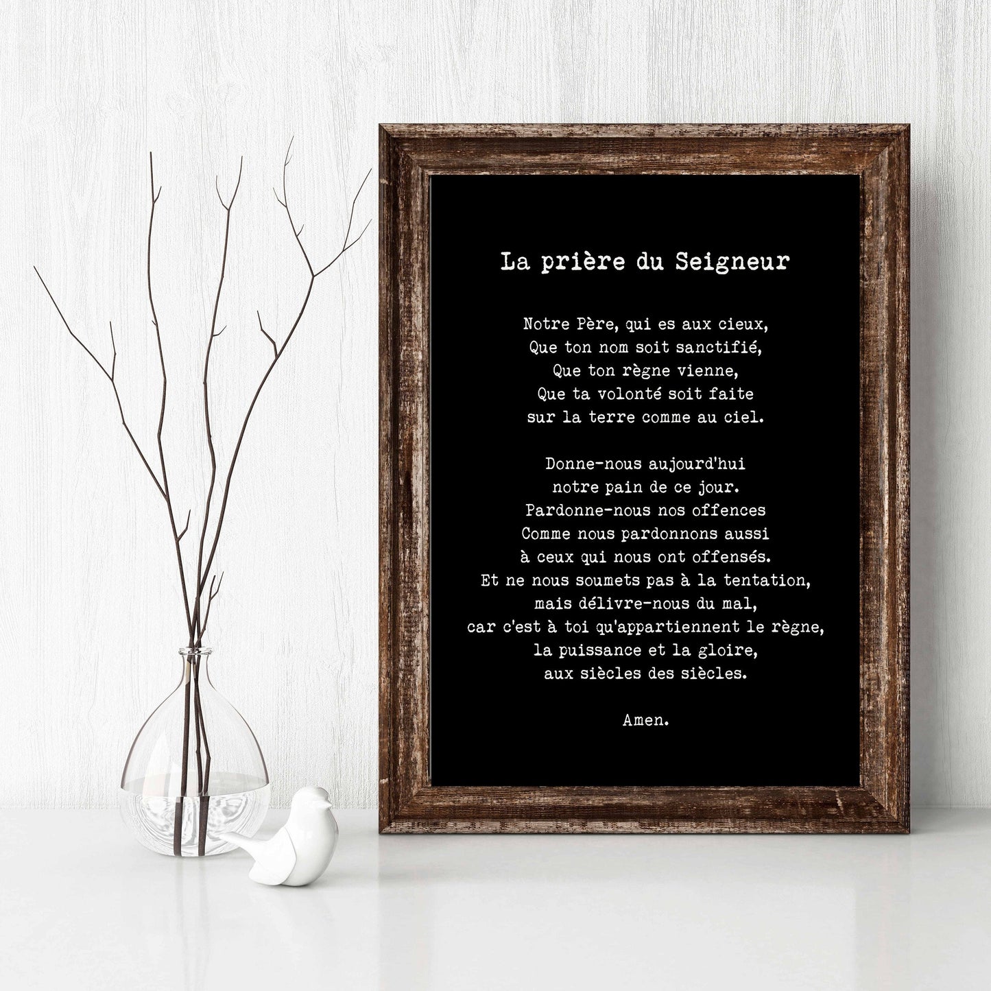 French Lord’s Prayer Print – La Prière du Seigneur in Vintage Typewriter Font, Catholic Christian Wall Art