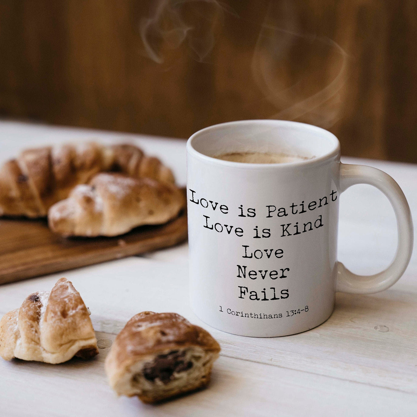 Love never fails coffee mug, scripture tea mug christian gifts