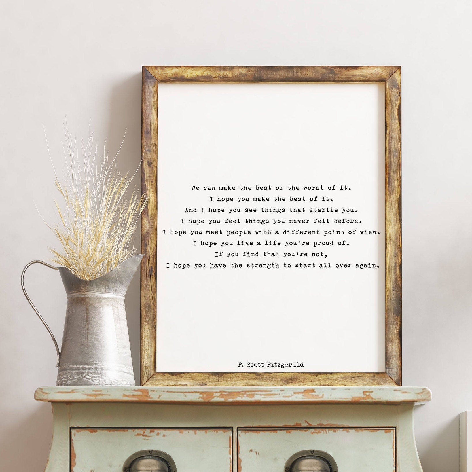F Scott Fitzgerald Literary Quote Print • Start Over Again Inspirational Poster • Black and White Typewriter Style Wall Art Gift