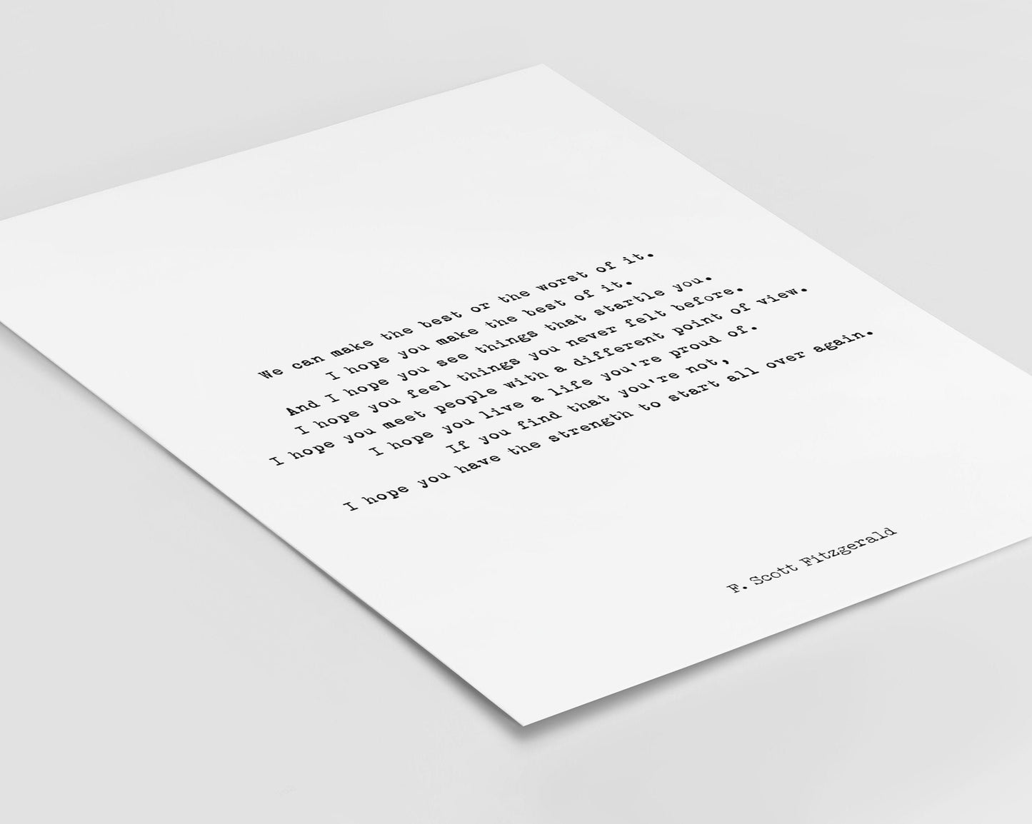 F Scott Fitzgerald Literary Quote Print • Start Over Again Inspirational Poster • Black and White Typewriter Style Wall Art Gift