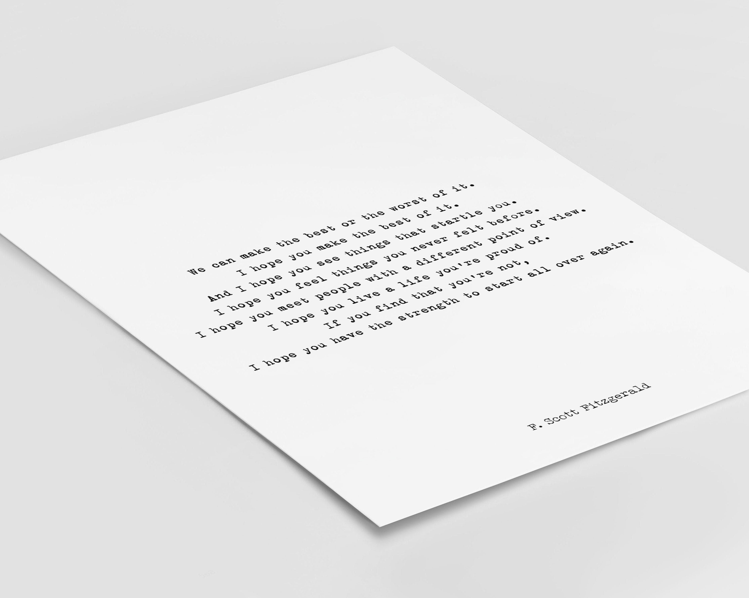 F Scott Fitzgerald Literary Quote Print • Start Over Again Inspirational Poster • Black and White Typewriter Style Wall Art Gift