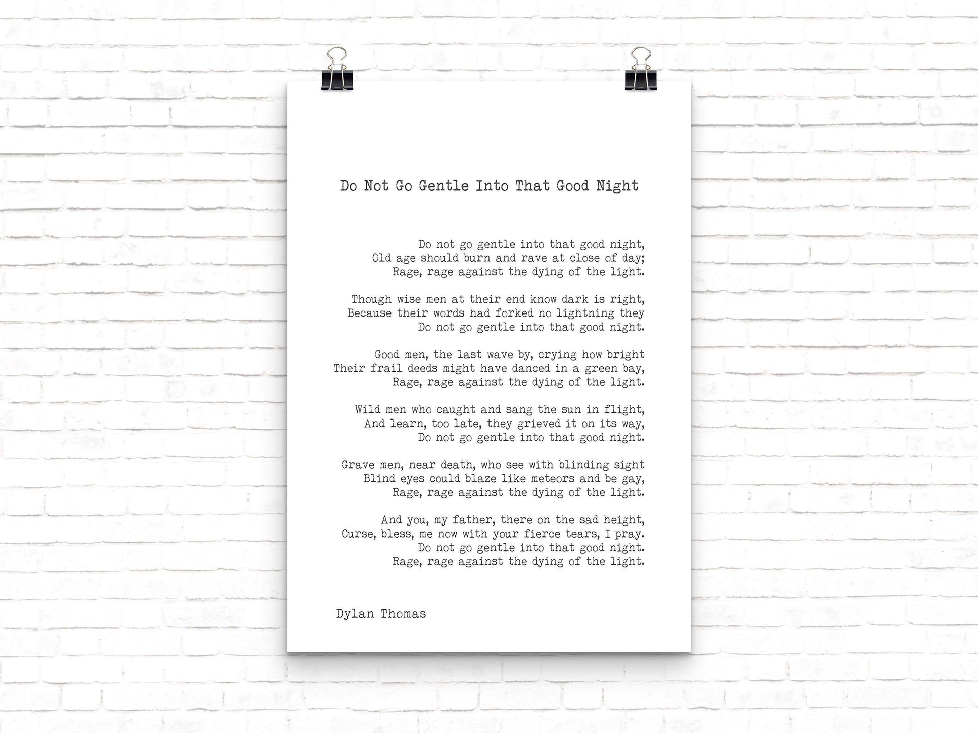 Dylan Thomas Poem Print, Do Not Go Gentle Into That Good Night Poetry Poster In Black & White For Home Wall Decor