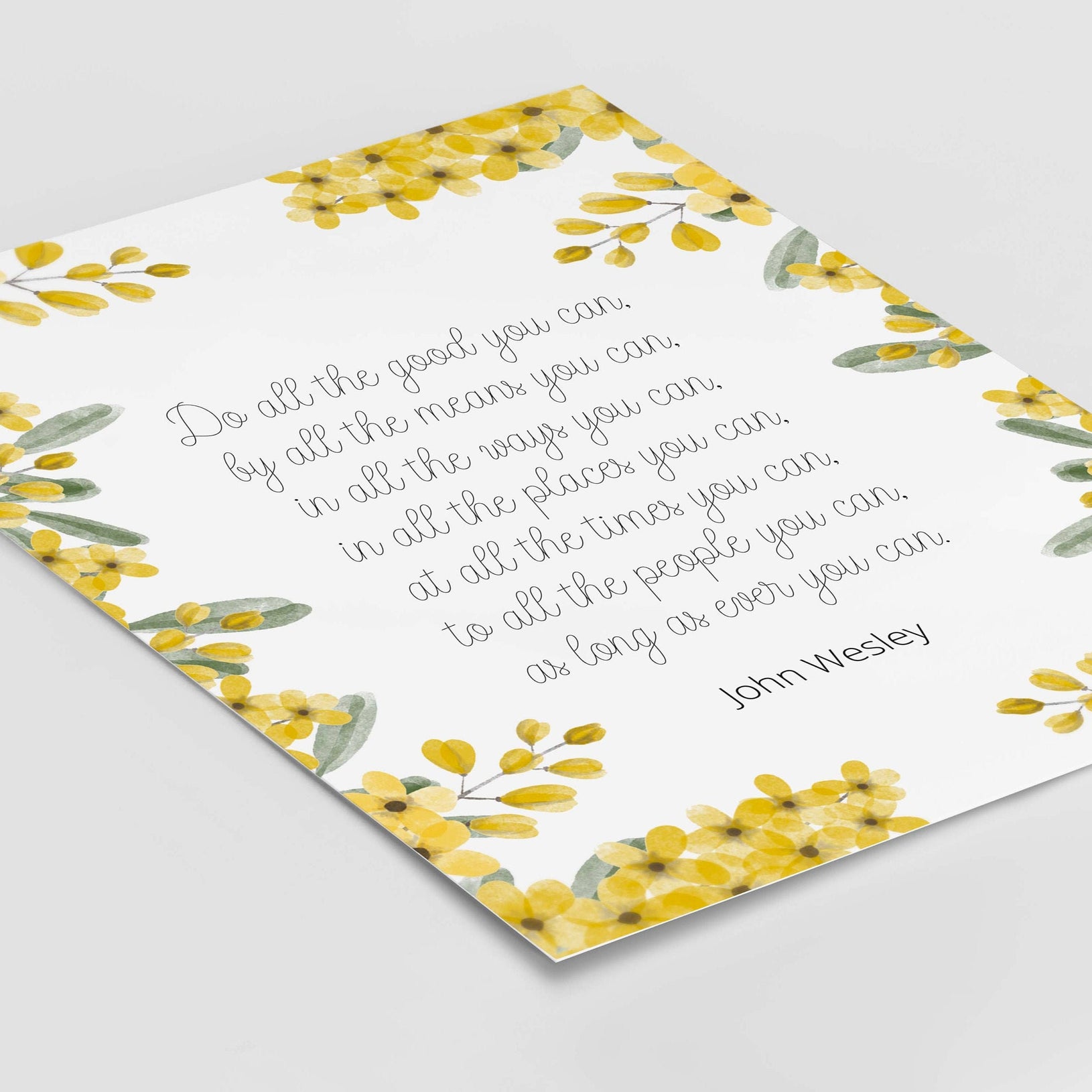 Do all the good you can quote print in white and yellow, John Wesley inspirational quote wall art print