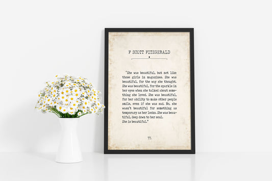 She Is Beautiful FS Fitzgerald Book Page Inspirational Wall Art, Vintage Style Print Decor She was beautiful deep down to her soul