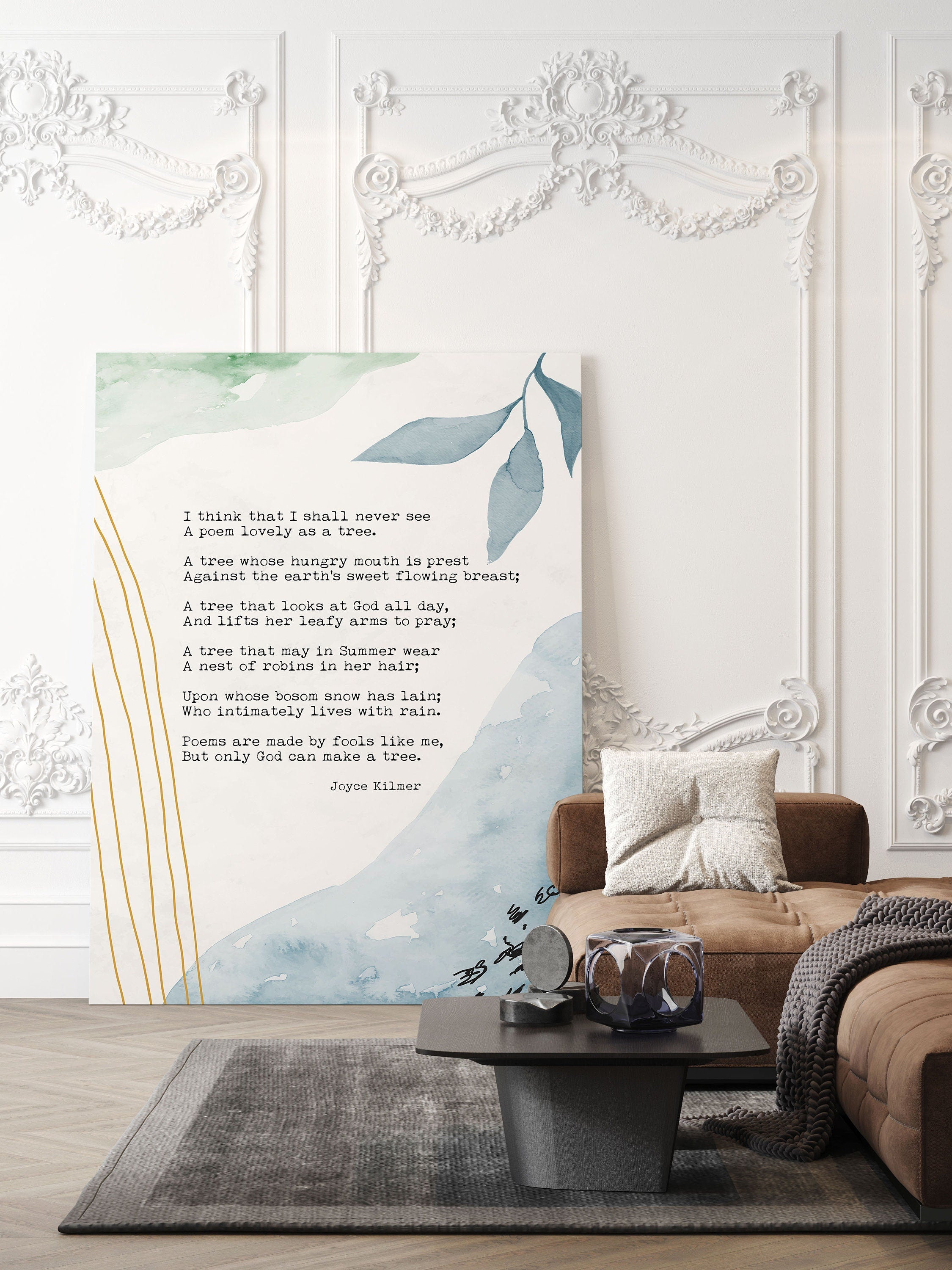 Trees Joyce Kilmer Wall Art Print Abstract Watercolor Art for Living Room Unframed, I think that I shall never see A poem lovely as a tree