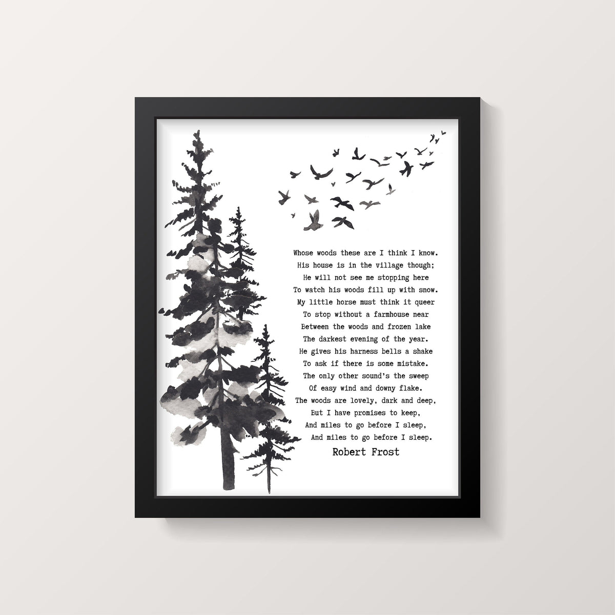 Framed Art Robert Frost Stopping by the Woods on a Snowy Evening Wall Art Print in Black & White for Home Wall Decor