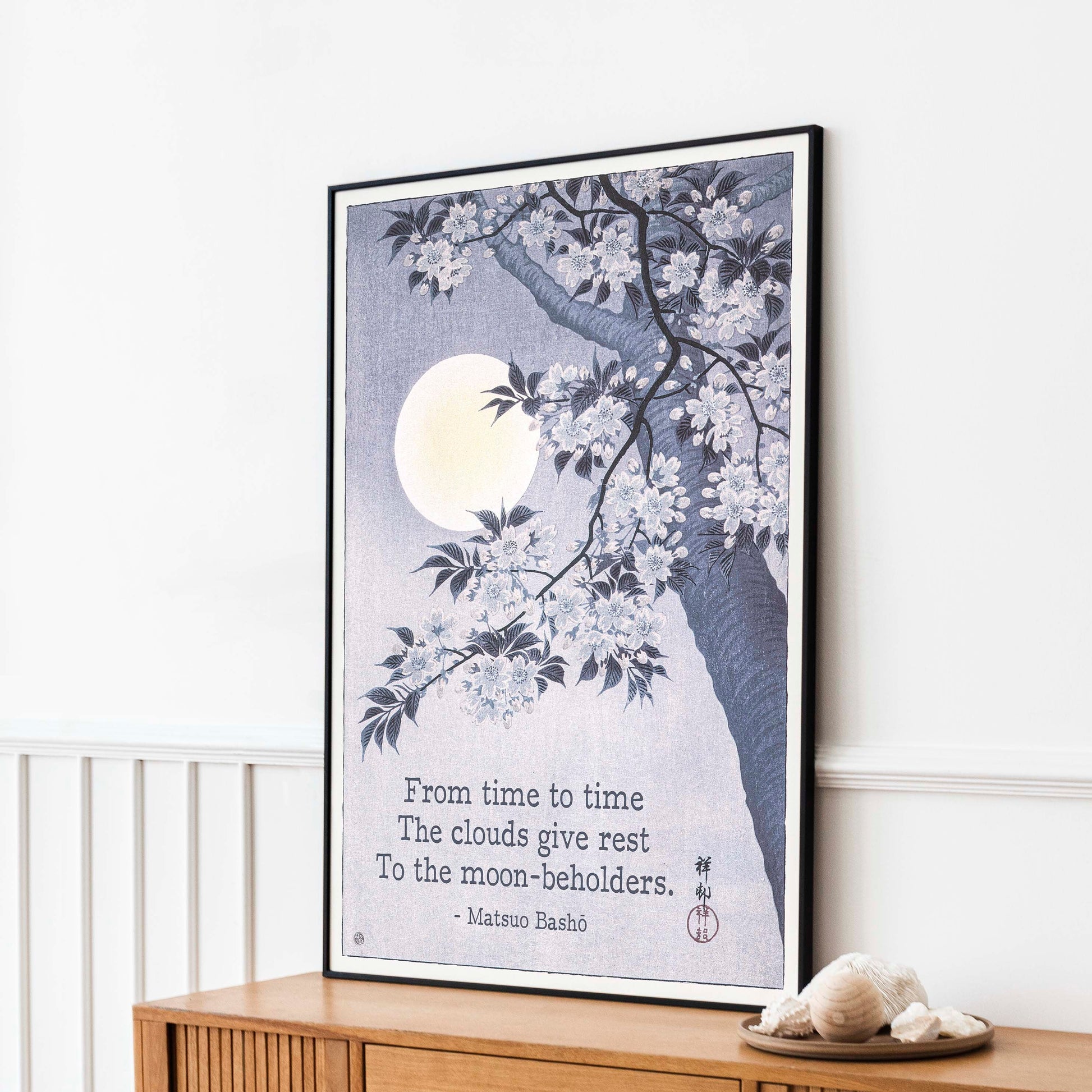 Matsuo Bashō Haiku Print, Moon and Blossom Japanese Poetry Wall Art