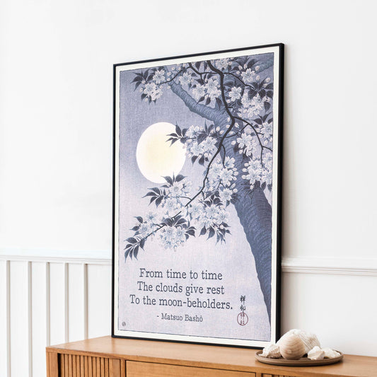 Matsuo Bashō Haiku Print, Moon and Blossom Japanese Poetry Wall Art