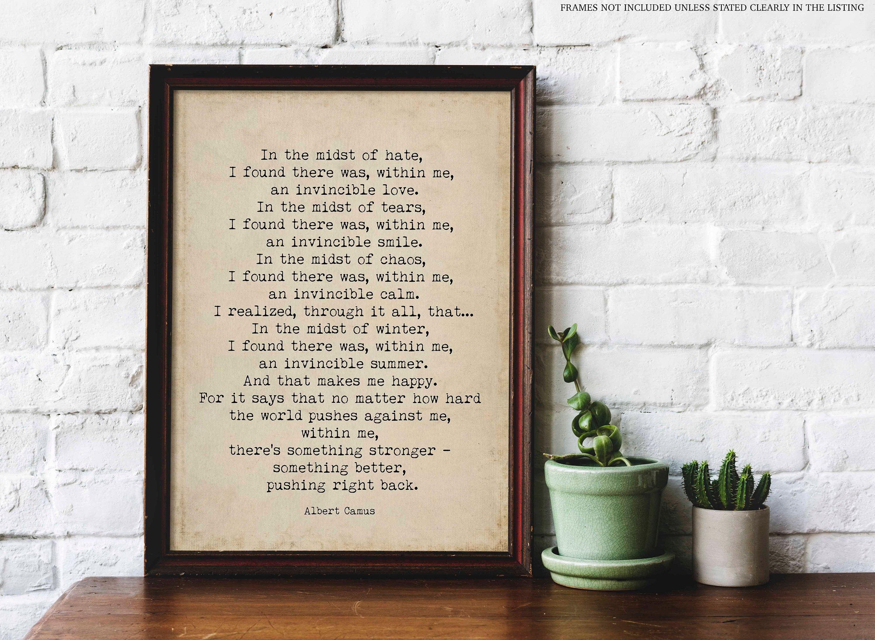 Albert Camus Invincible Summer Black & White Art, Inspirational Artwork