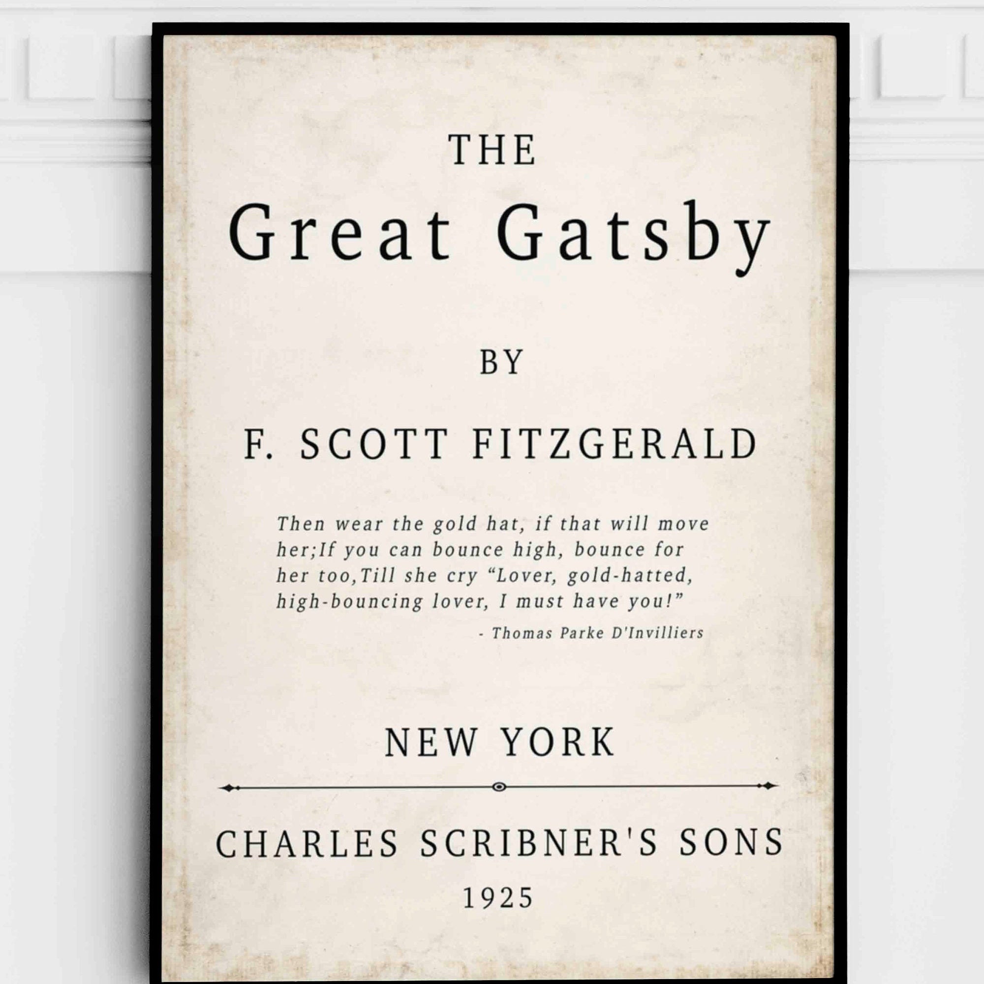 The Great Gatsby Book Cover Print F Scott Fitzgerald 1925 Vintage Title Page Wall Art Classic Literature Poster Gold Hat Book Quote Decor