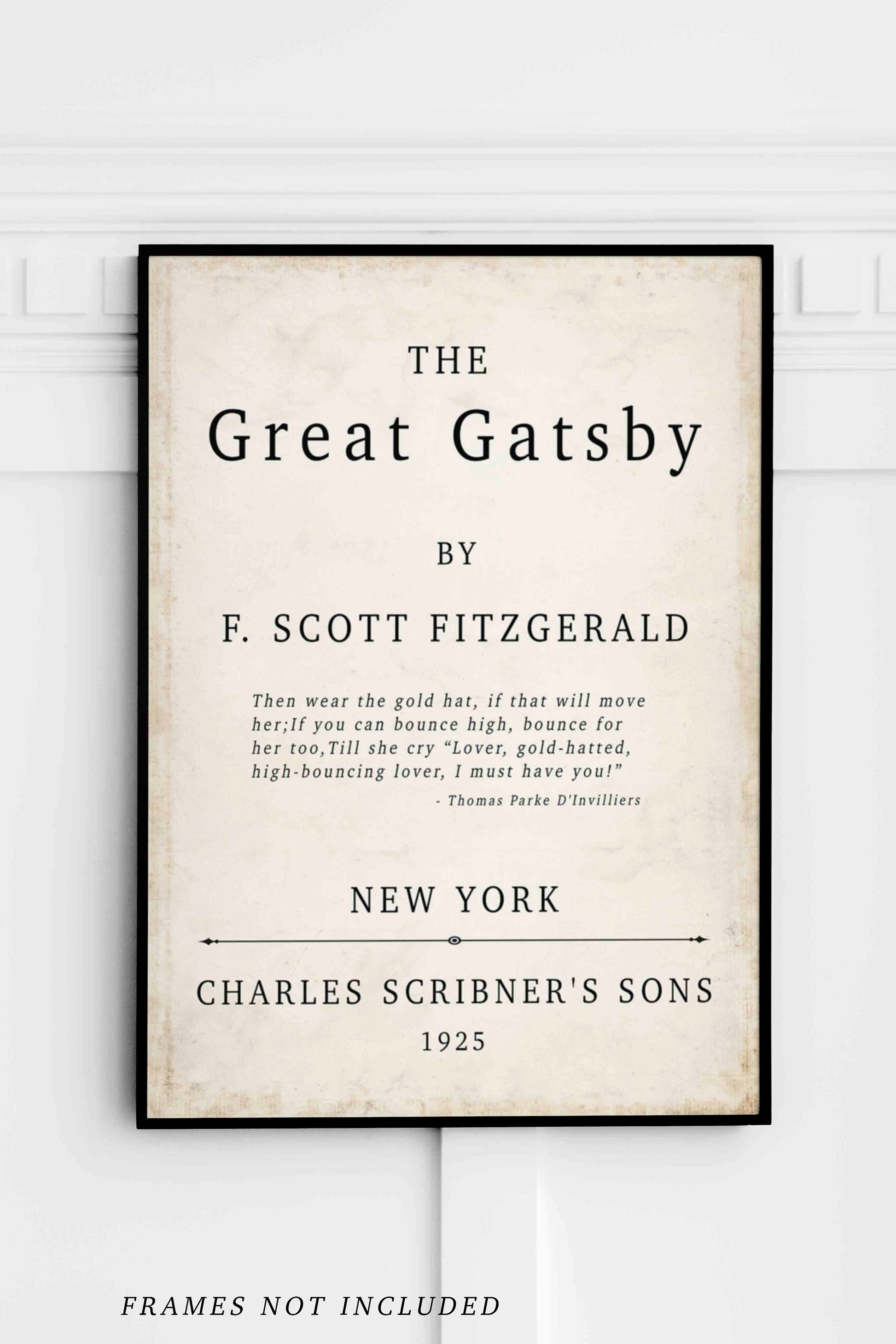 The Great Gatsby Book Cover Print F Scott Fitzgerald 1925 Vintage Title Page Wall Art Classic Literature Poster Gold Hat Book Quote Decor