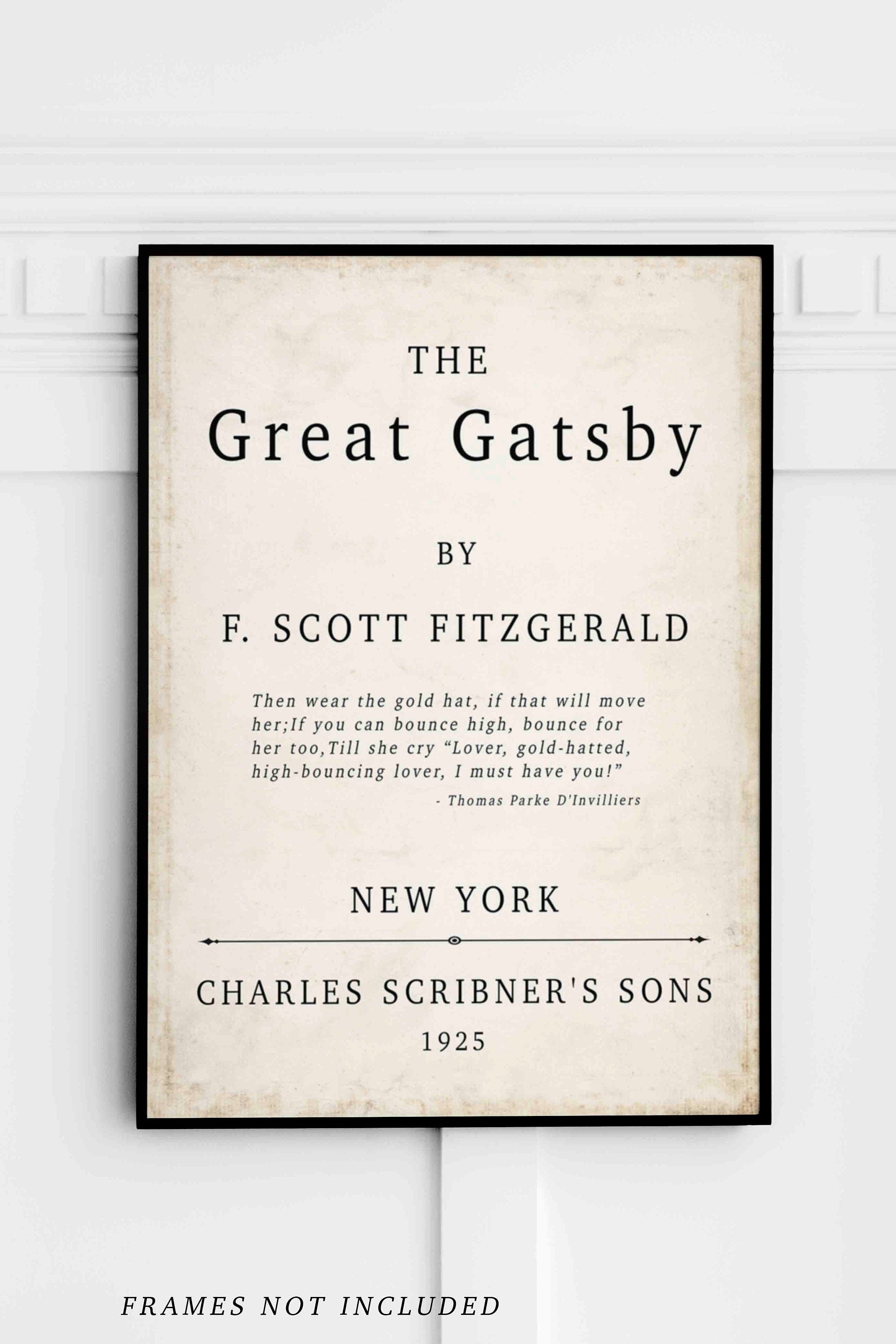 The Great Gatsby Book Cover Print F Scott Fitzgerald 1925 Vintage Title Page Wall Art Classic Literature Poster Gold Hat Book Quote Decor