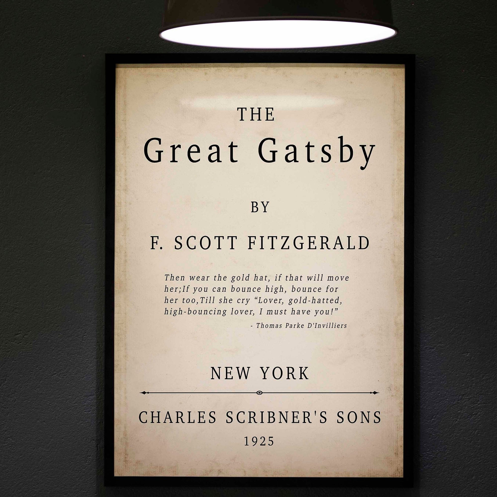 The Great Gatsby Book Cover Print F Scott Fitzgerald 1925 Vintage Title Page Wall Art Classic Literature Poster Gold Hat Book Quote Decor