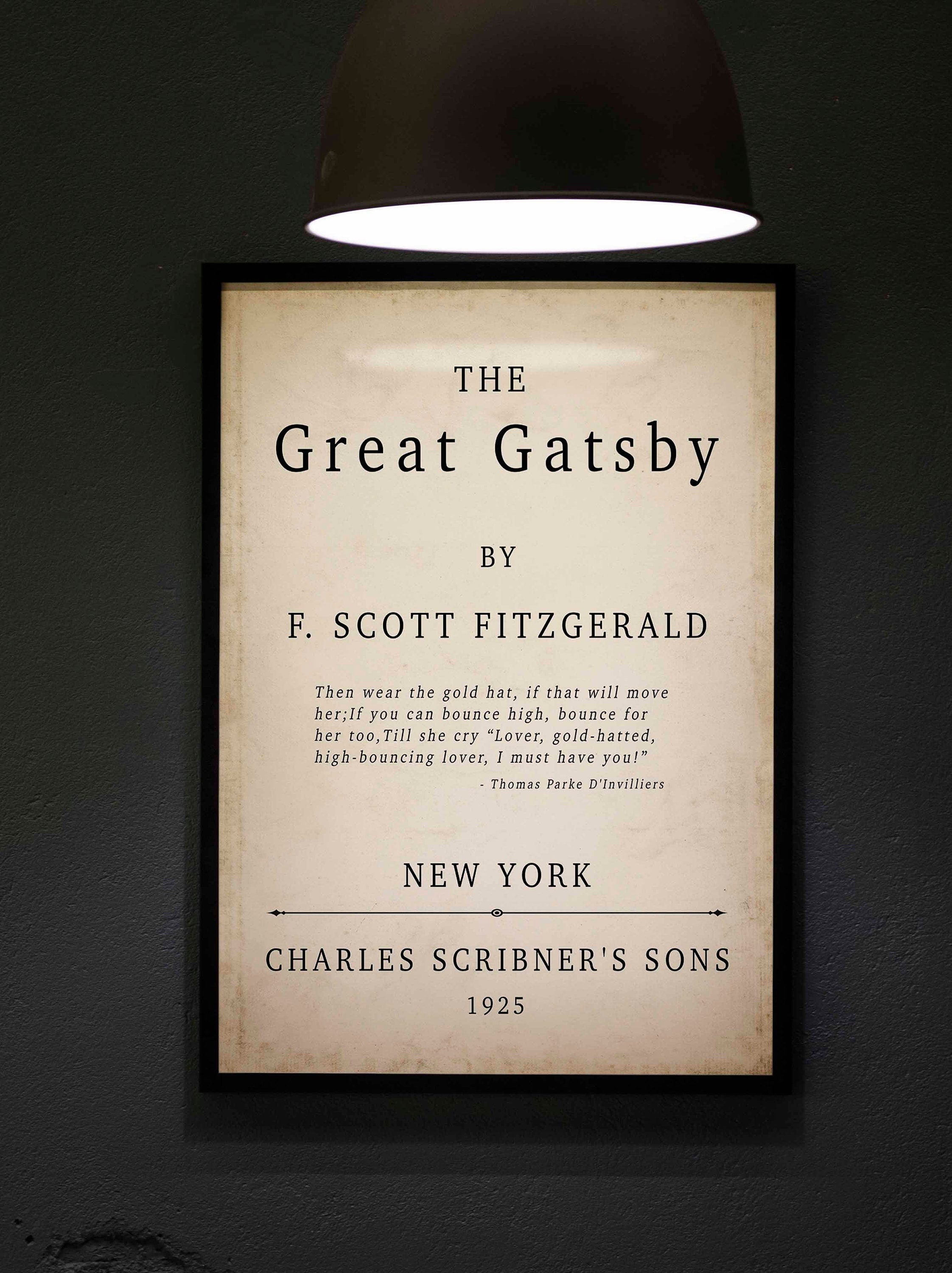 The Great Gatsby Book Cover Print F Scott Fitzgerald 1925 Vintage Title Page Wall Art Classic Literature Poster Gold Hat Book Quote Decor