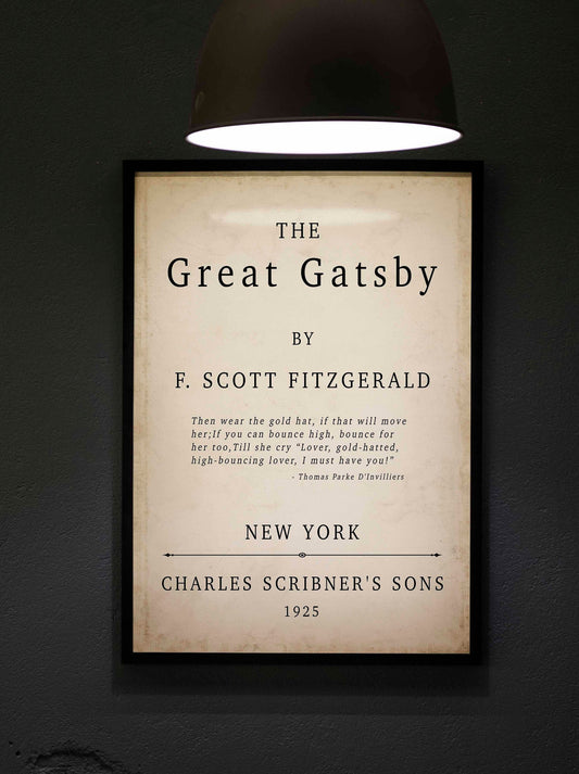 The Great Gatsby Book Cover Print F Scott Fitzgerald 1925 Vintage Title Page Wall Art Classic Literature Poster Gold Hat Book Quote Decor