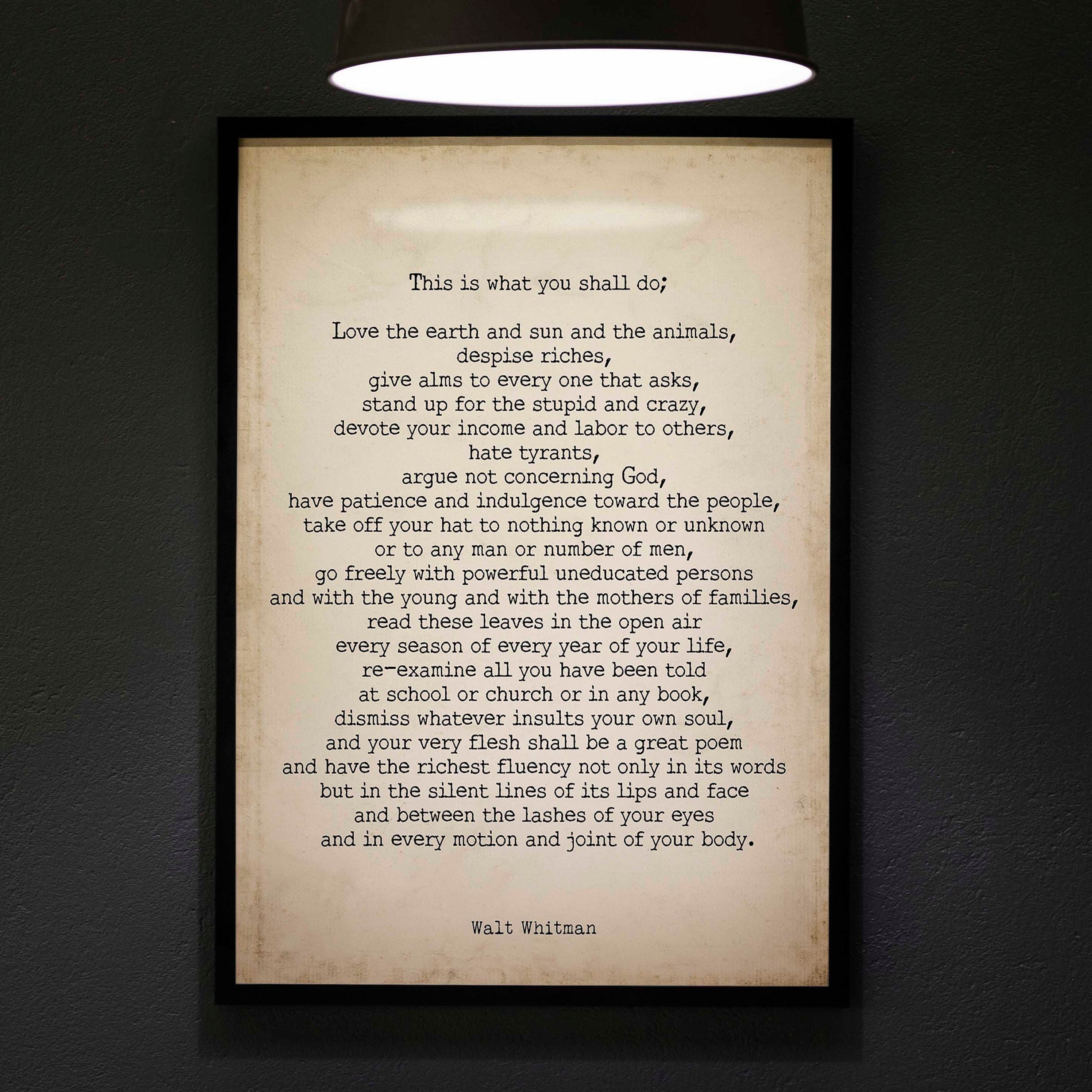 FRAMED Walt Whitman Leaves of Grass Print, This Is What You Shall Do Inspirational Poem in Vintage Background FRAMED 8x10 - 24x36
