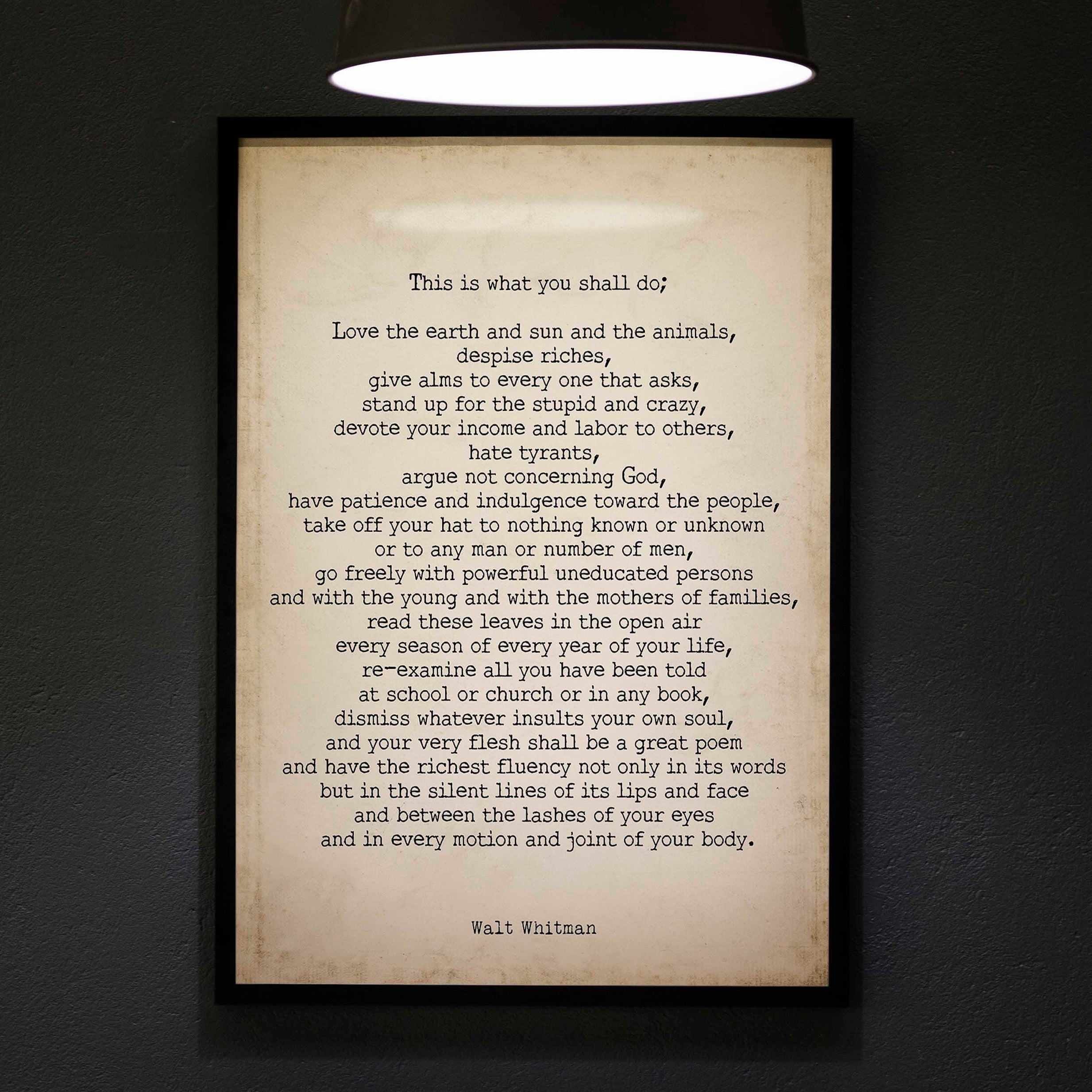 FRAMED Walt Whitman Leaves of Grass Print, This Is What You Shall Do Inspirational Poem in Vintage Background FRAMED 8x10 - 24x36